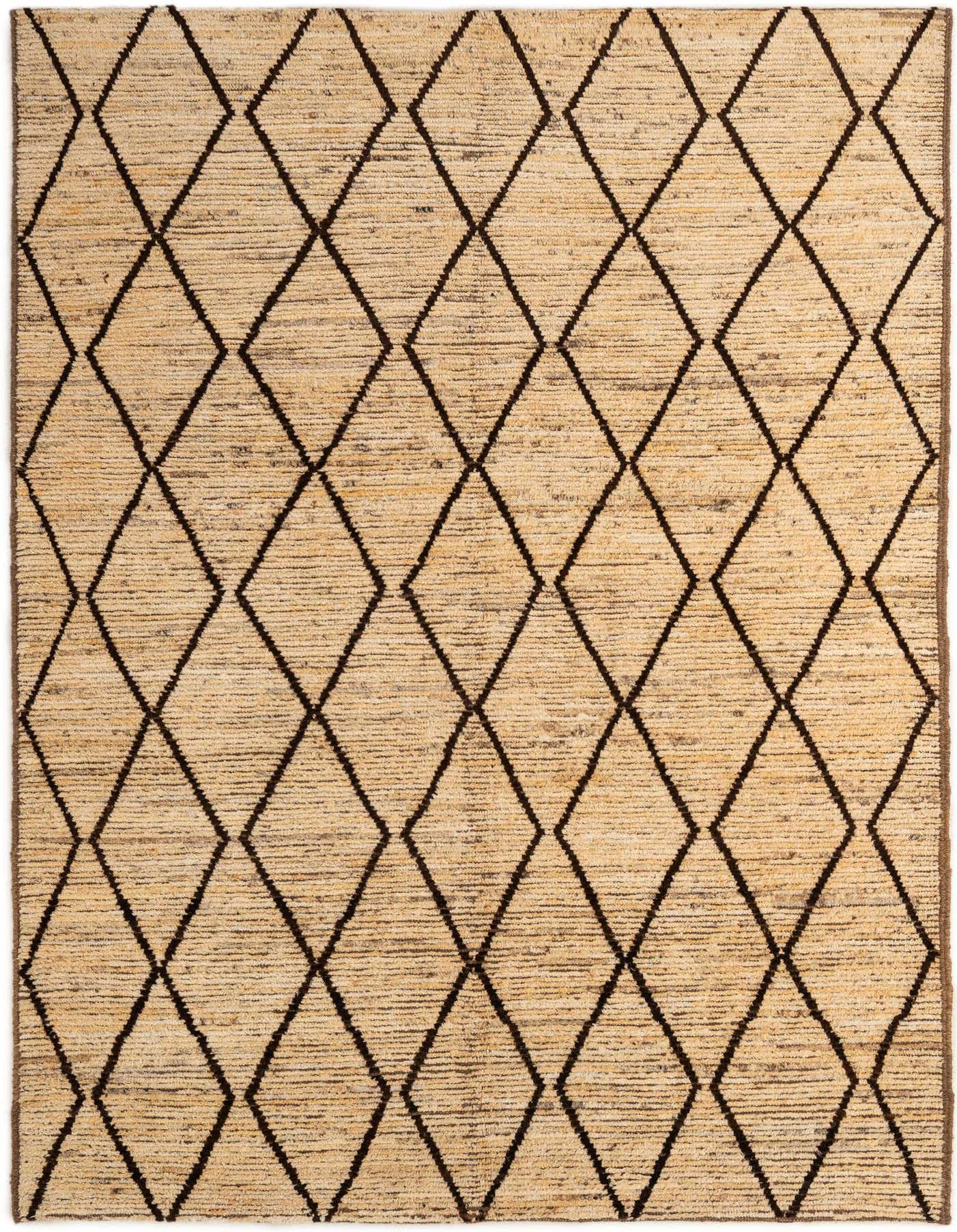 A 5x8 rectangular Moroccan tribal wool rug featuring a natural tan and cream background with dark brown diamond patterns.