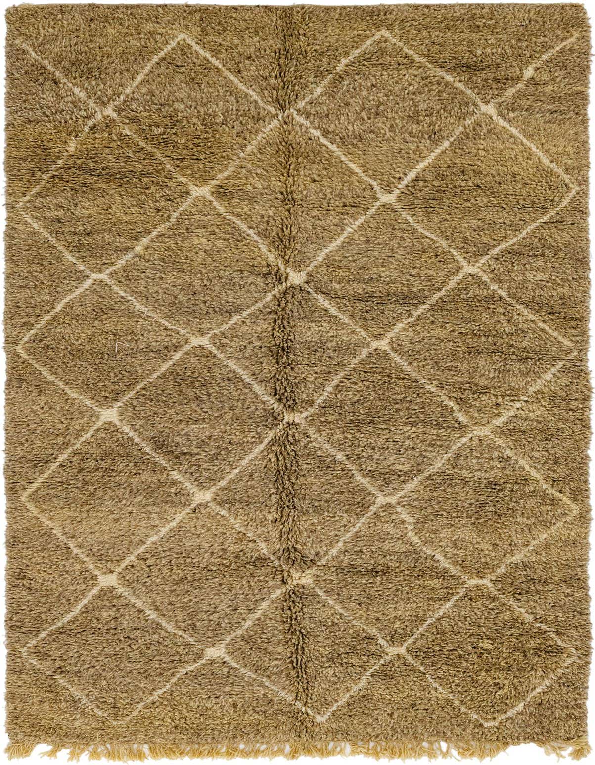 A rectangular 8x11 shag rug in warm brown and tan with an ivory tribal diamond pattern and fringe.