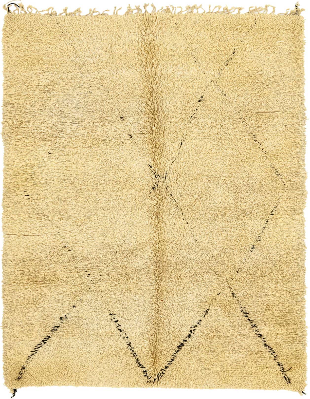 A 6x9 rectangular Moroccan shag rug in cream and brown with a subtle tribal pattern, perfect for a living room.