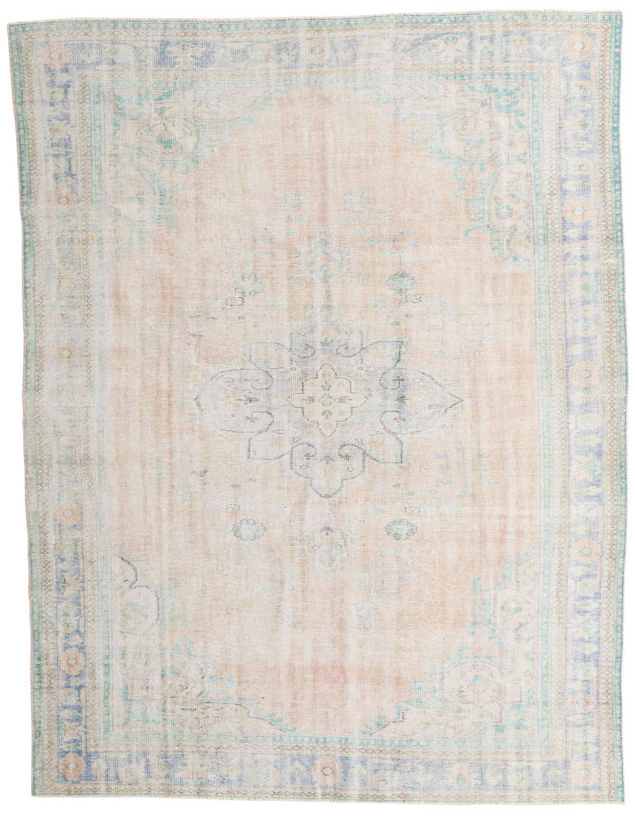 A 9x12 rectangular Moroccan wool rug in muted brown, cream, and blue tones, featuring a distressed traditional medallion pattern.
