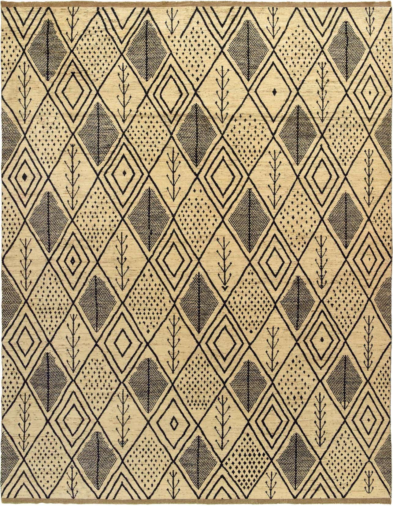 A rectangular Moroccan Palace rug in brown and ivory, featuring a tribal diamond and leaf pattern, ideal for a living room or bedroom.