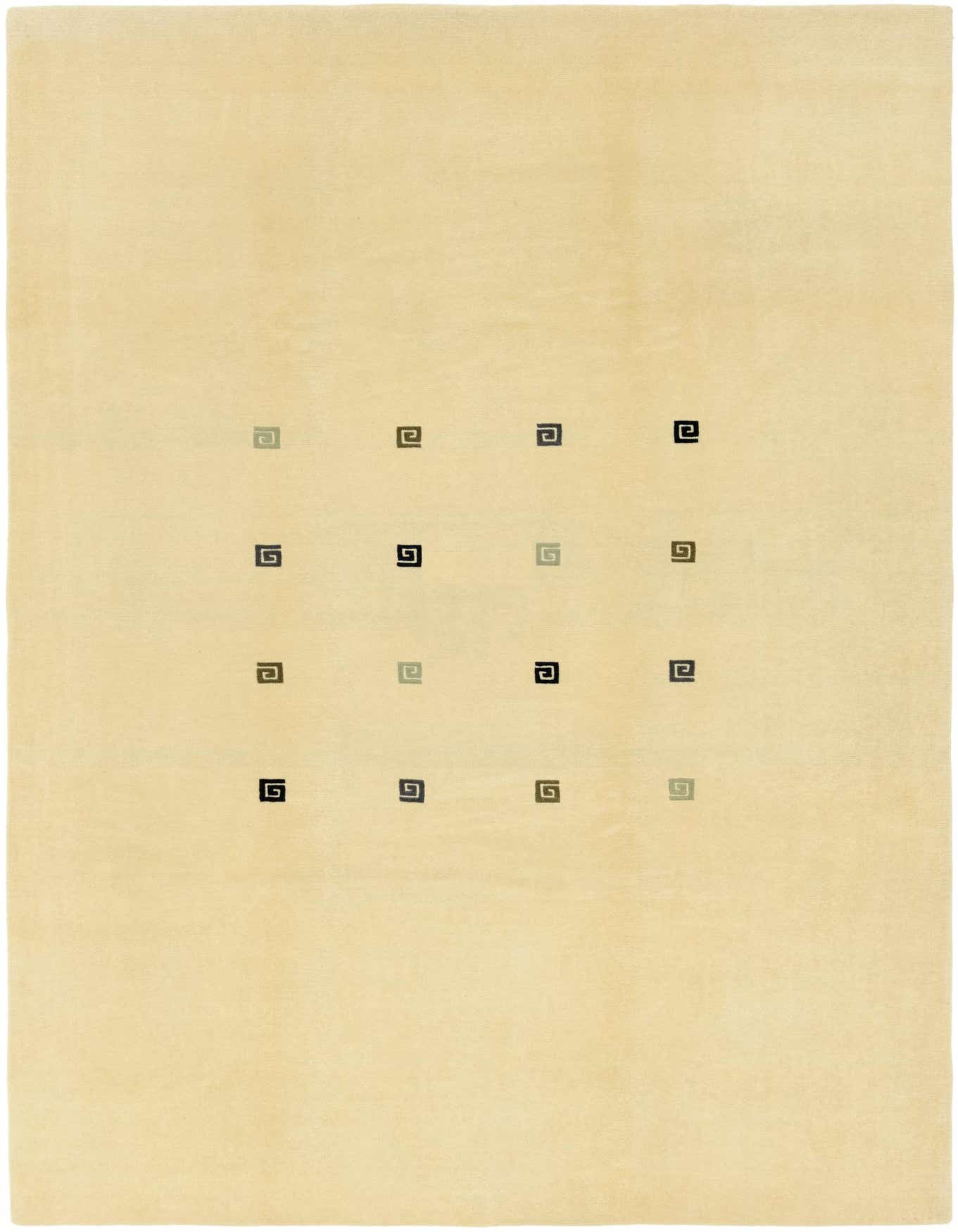 A 7x10 rectangular Nepal rug in cream with a modern abstract pattern of brown and tan spiral motifs.