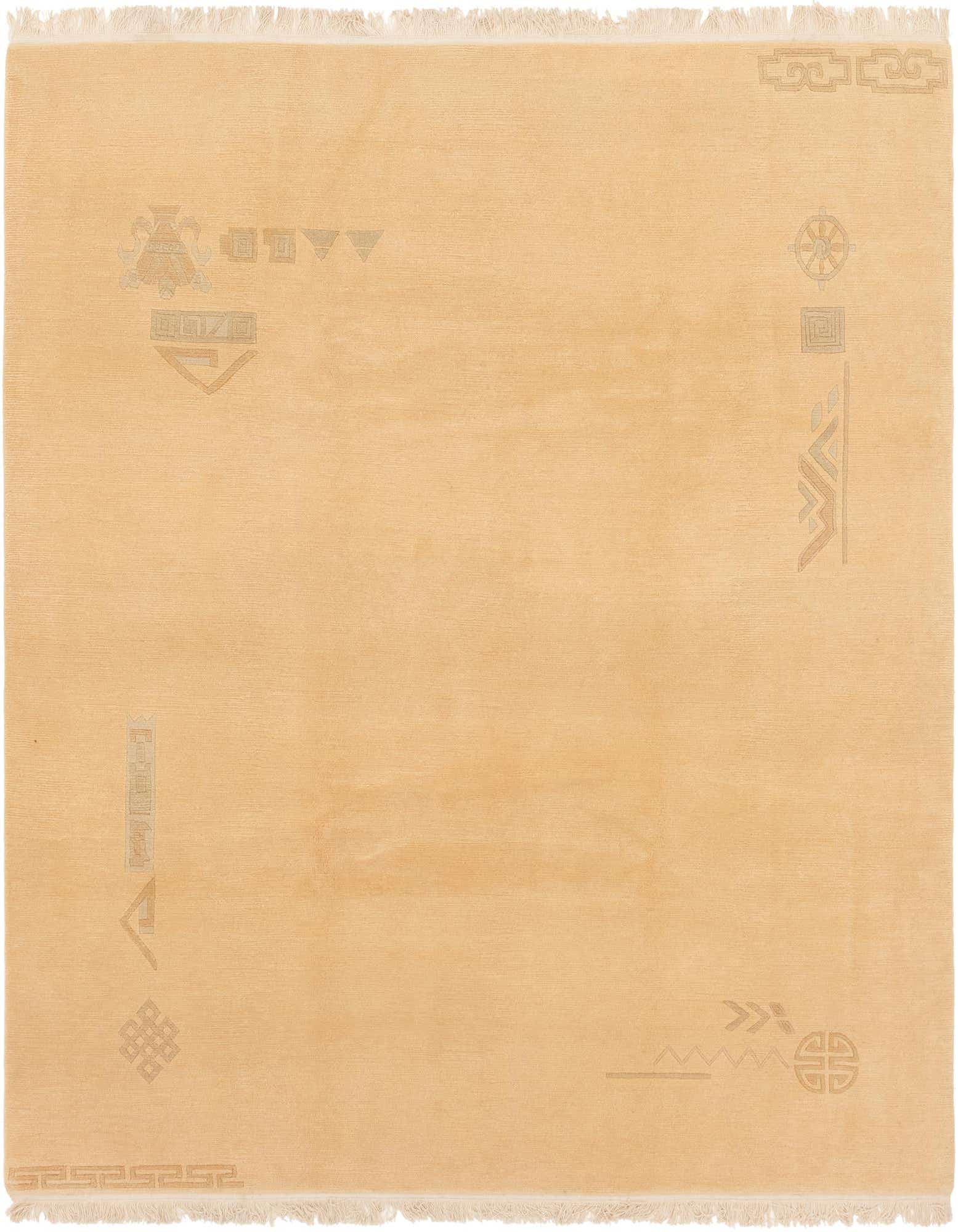 A rectangular 8x10 tan wool rug with subtle light brown tribal and abstract patterns, featuring short fringe.