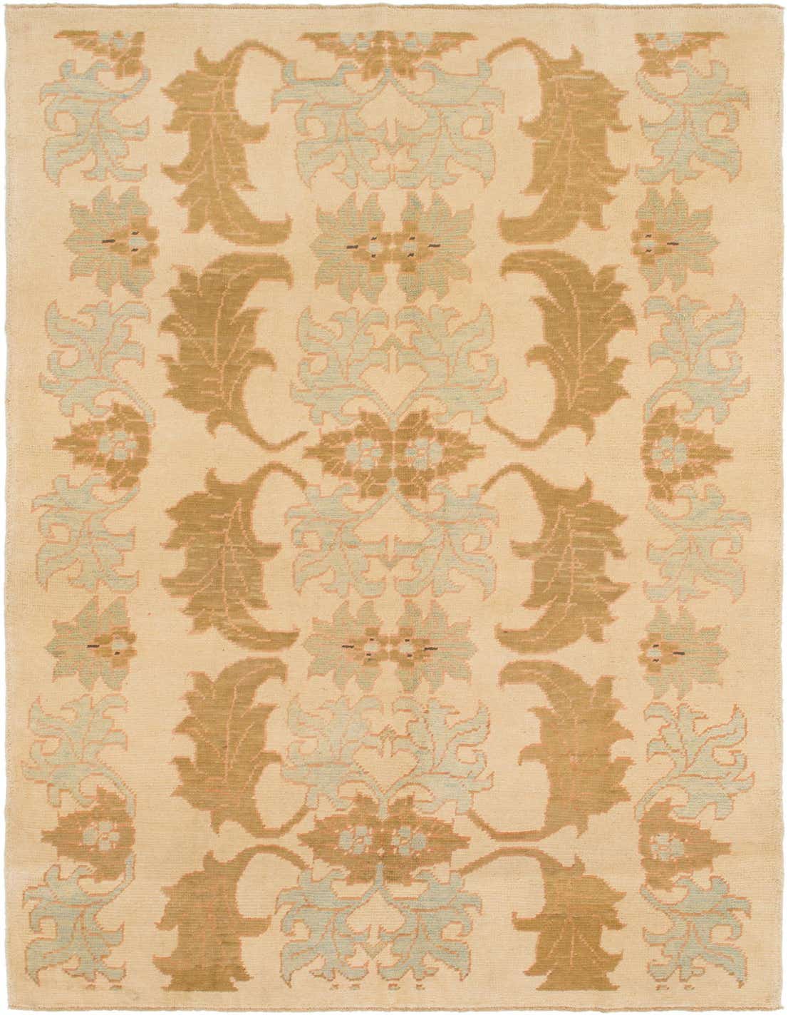 A 10x13 rectangular Oushak rug in browns, tans, and creams with a tribal abstract pattern, perfect for a living room.