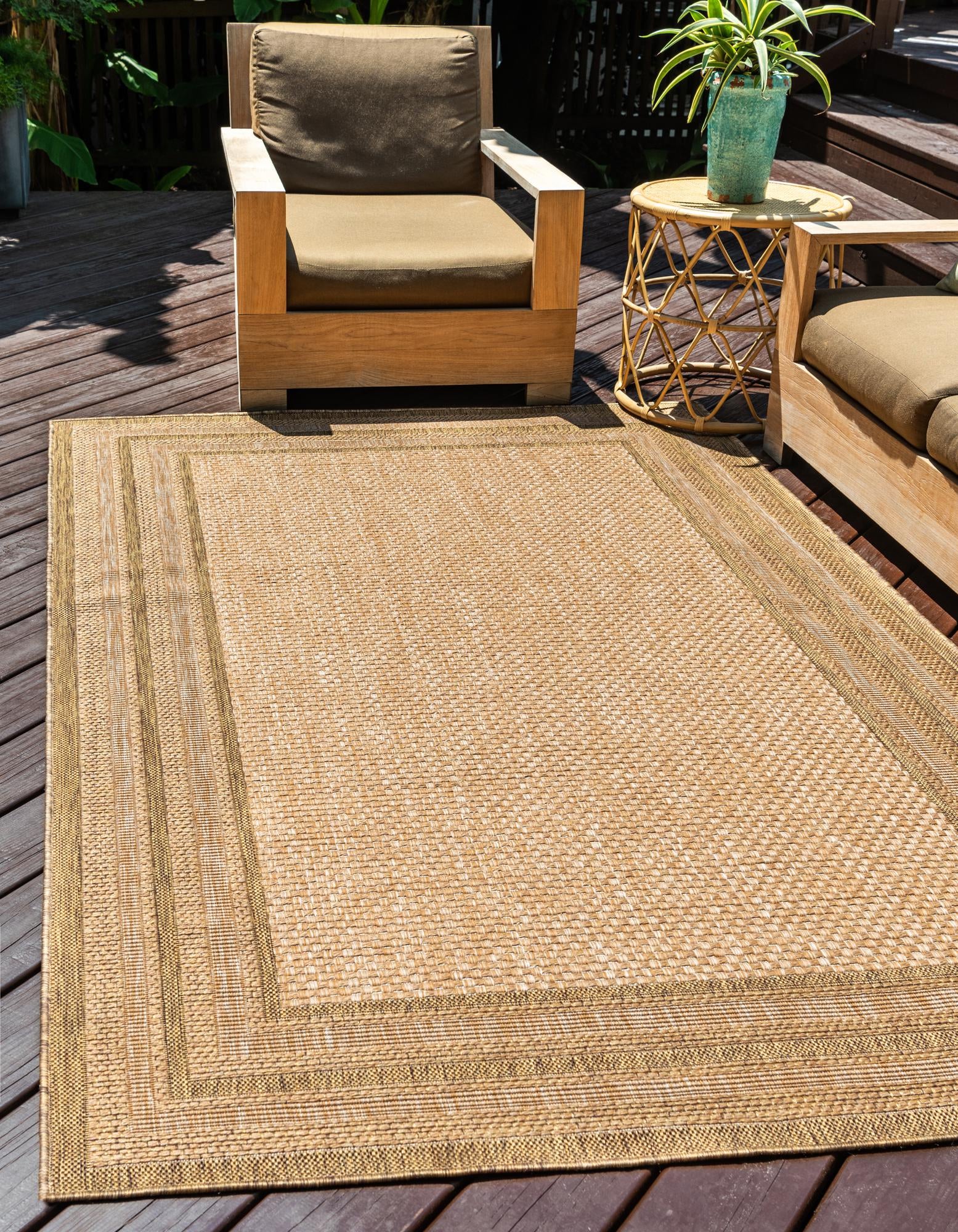 Tan 5' 3 x 8' Border Indoor / Outdoor Rug | Rugs.com