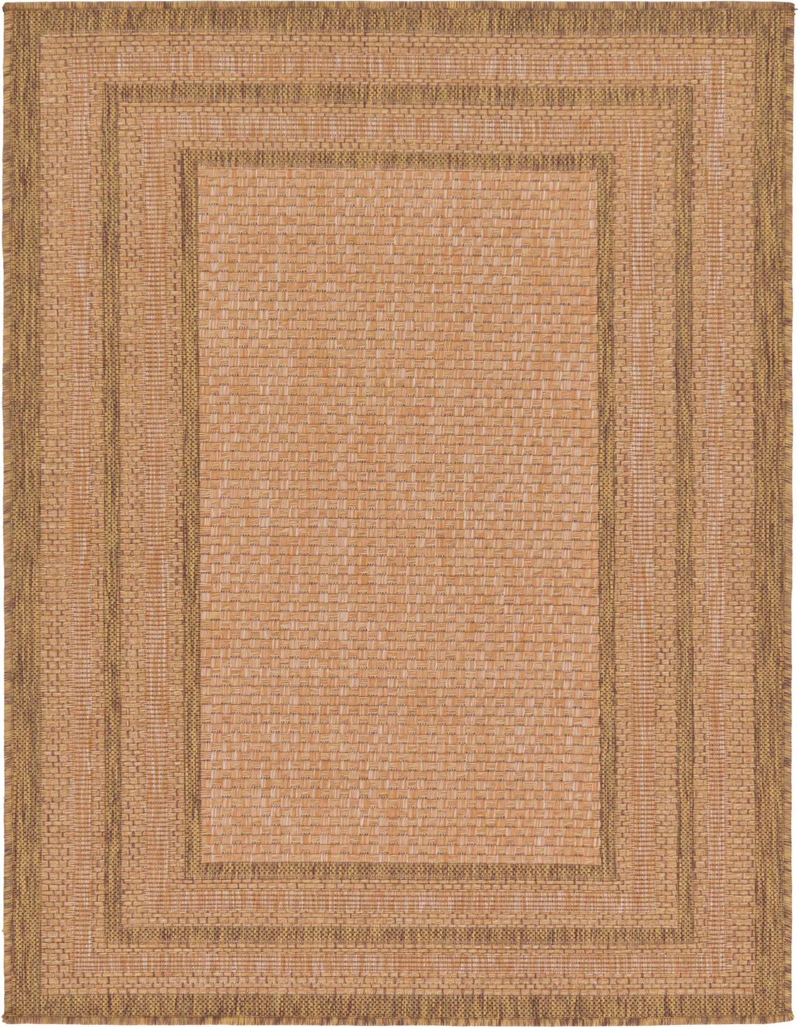 A 3x5 rectangular brown and tan indoor/outdoor flatweave rug with a subtle border pattern.