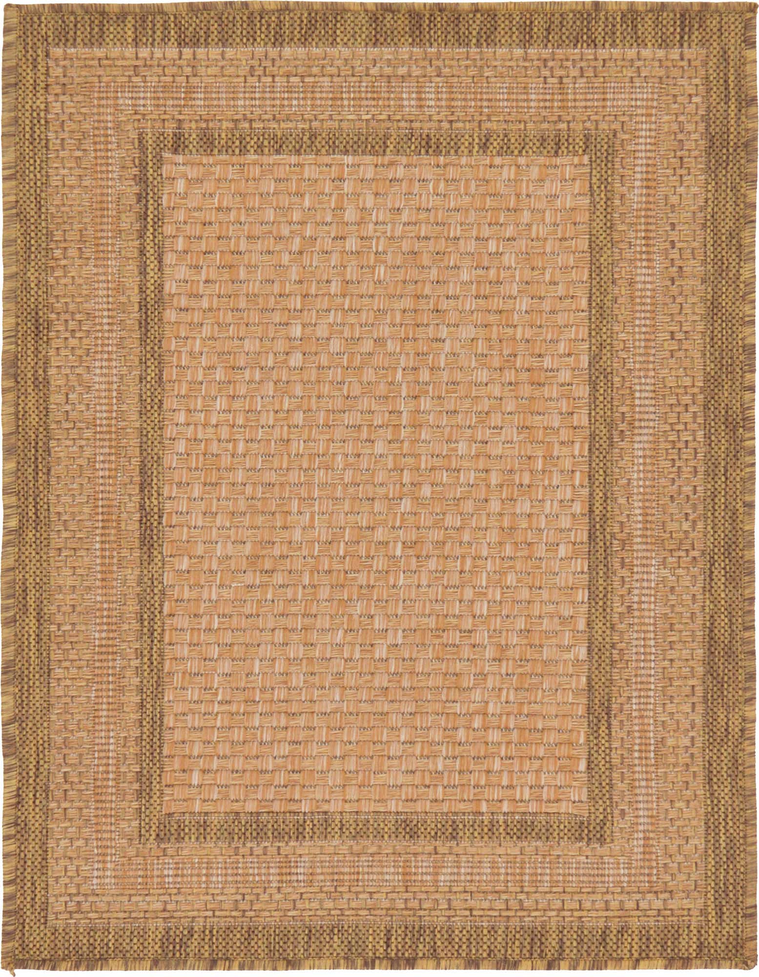 A 2x3 rectangular indoor/outdoor rug with a modern flatweave texture in shades of brown and tan, featuring a subtle border design.