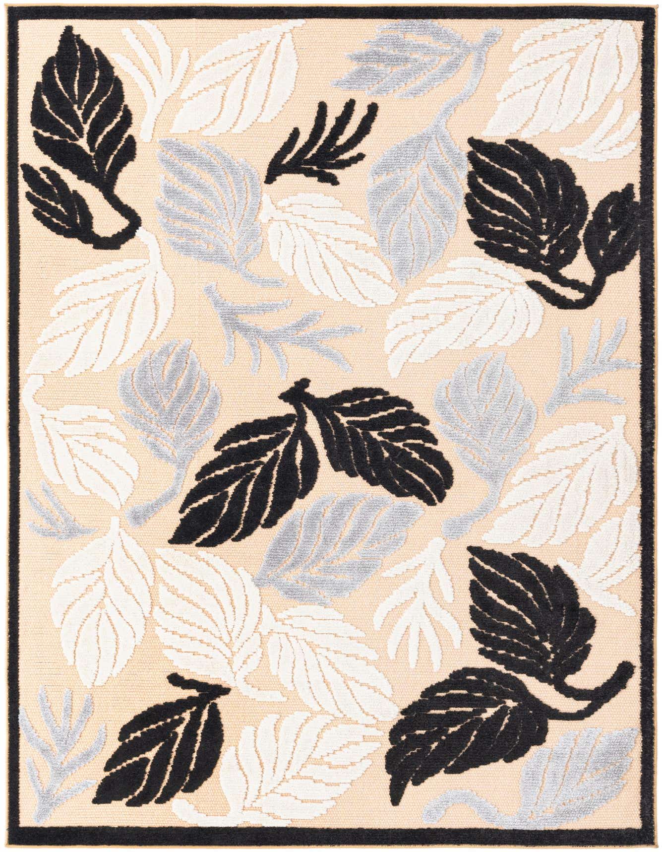 A 5x8 rectangular indoor/outdoor rug with a modern leaf pattern in black, ivory, and light gray on a tan background, framed by a black border.
