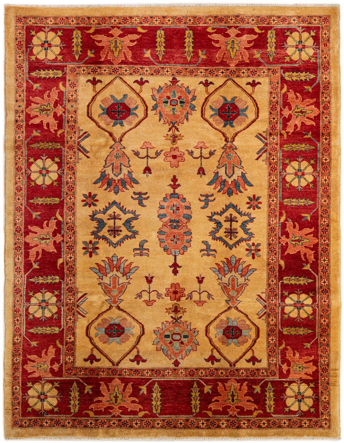 A 7x10 rectangular Peshawar Ziegler rug with a tan field and red border, featuring intricate traditional floral and geometric patterns.