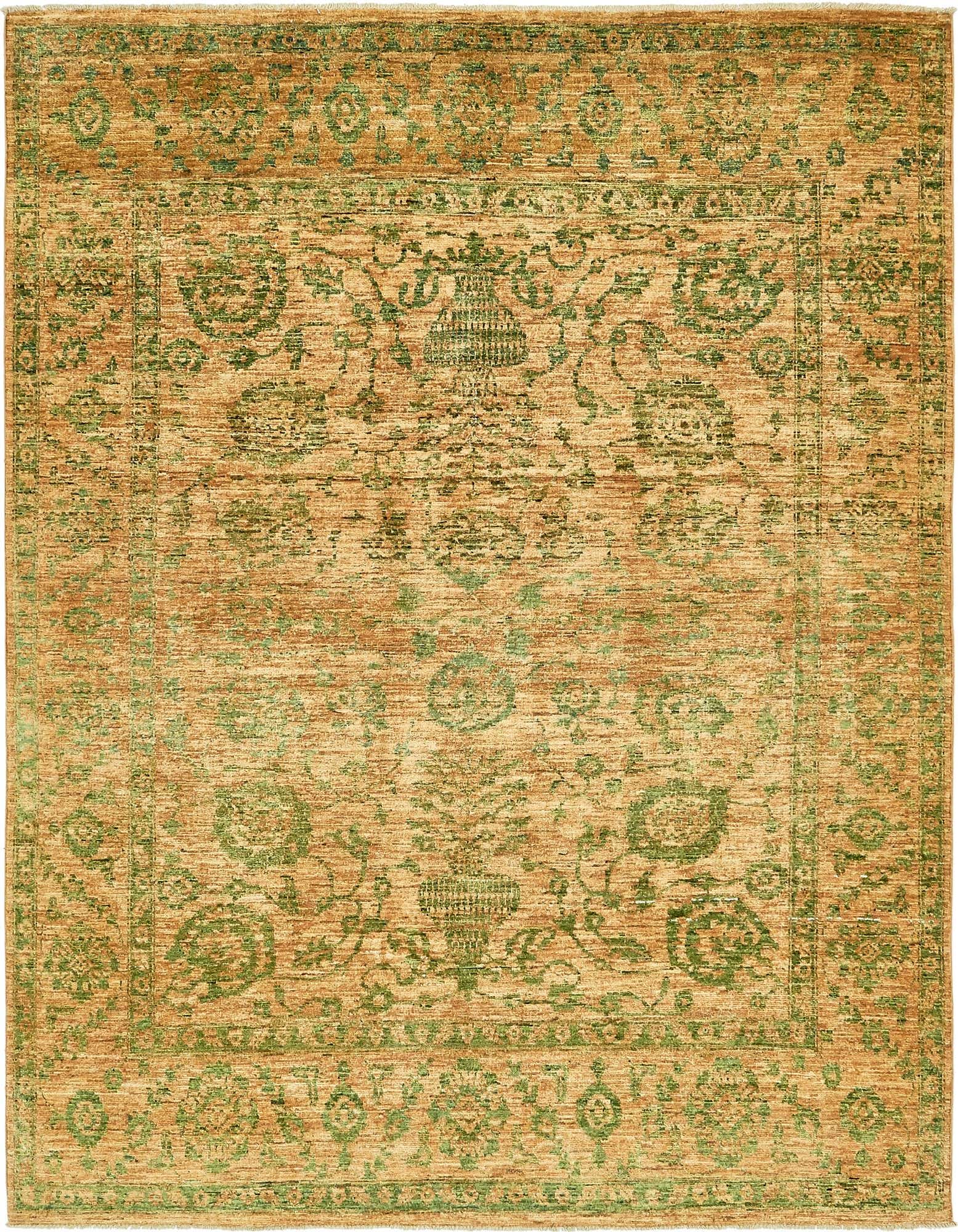 A 6x9 rectangular Peshawar Ziegler rug with a traditional botanical pattern in shades of brown, tan, and cream.