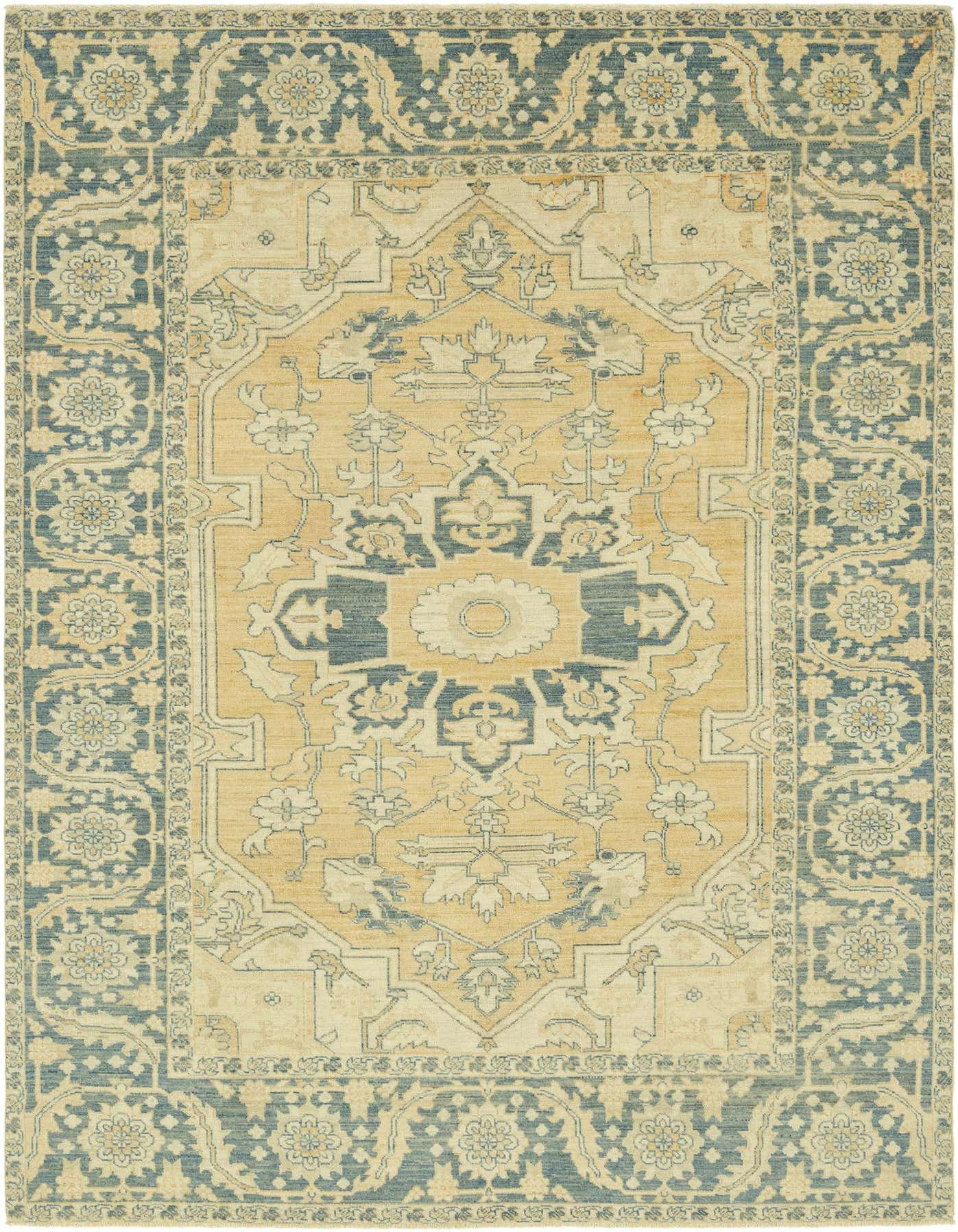 A 7x10 rectangular Peshawar Ziegler rug featuring a traditional medallion pattern in tan, cream, and muted blue tones.