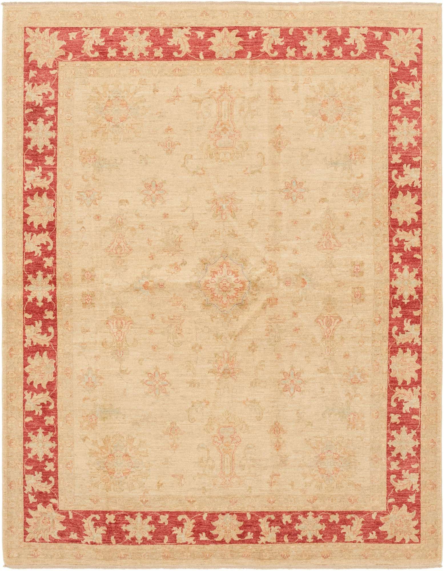 A 6x9 rectangular Peshawar Ziegler rug with a tan field and a bold red border featuring traditional floral patterns.