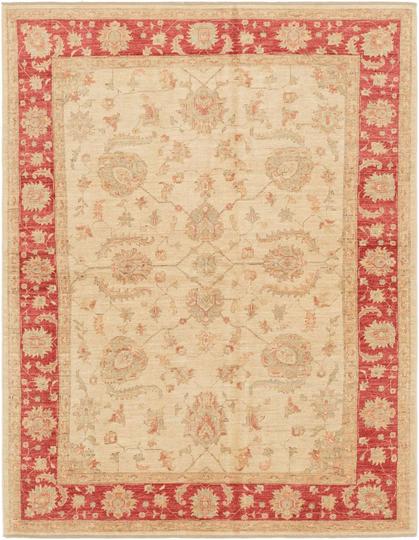 A 6x9 rectangular Peshawar Ziegler rug with a cream field and a red botanical border, handmade from wool.
