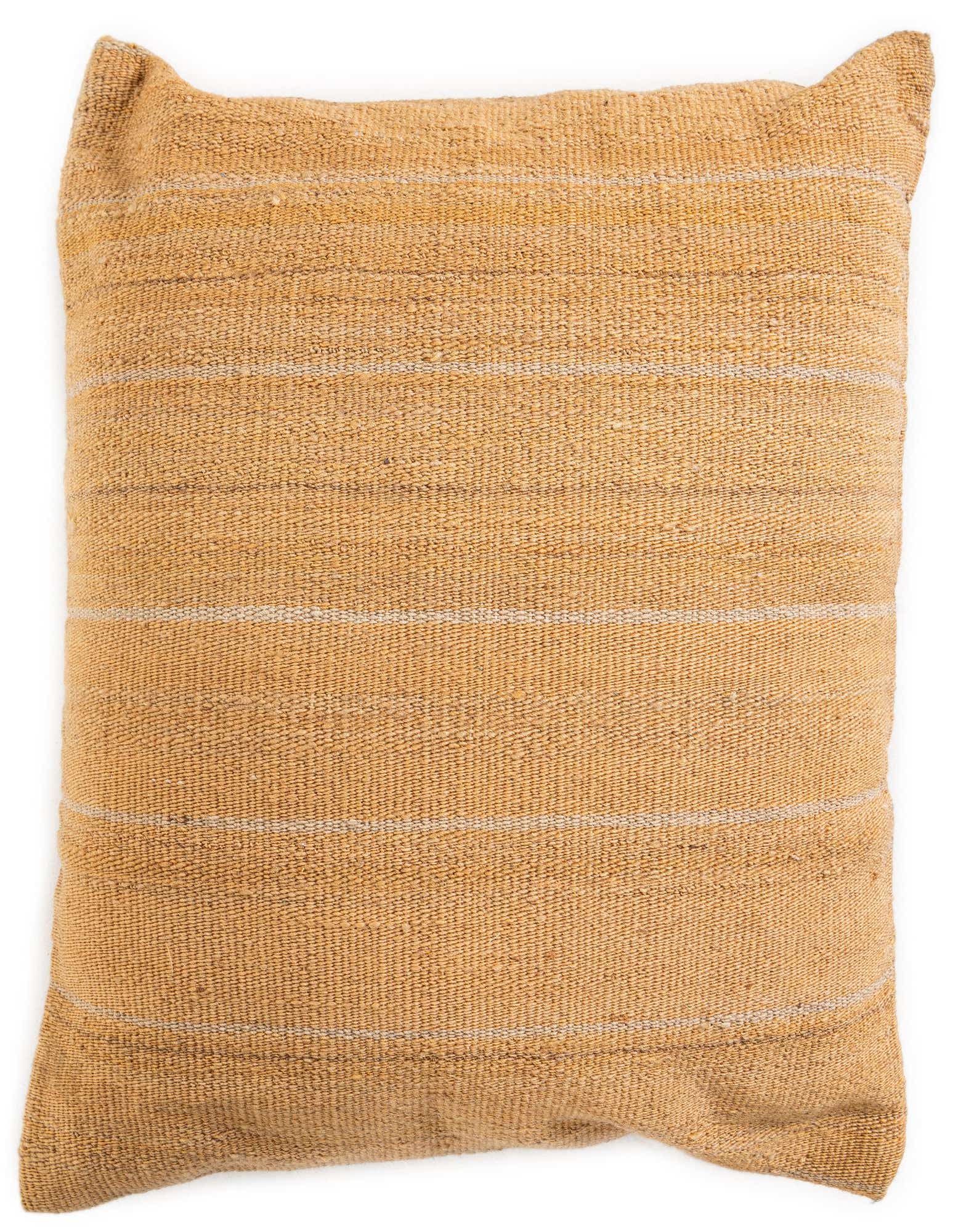 A rectangular 1x2 brown and ivory wool pillow with a textured, striped Persian and modern pattern.