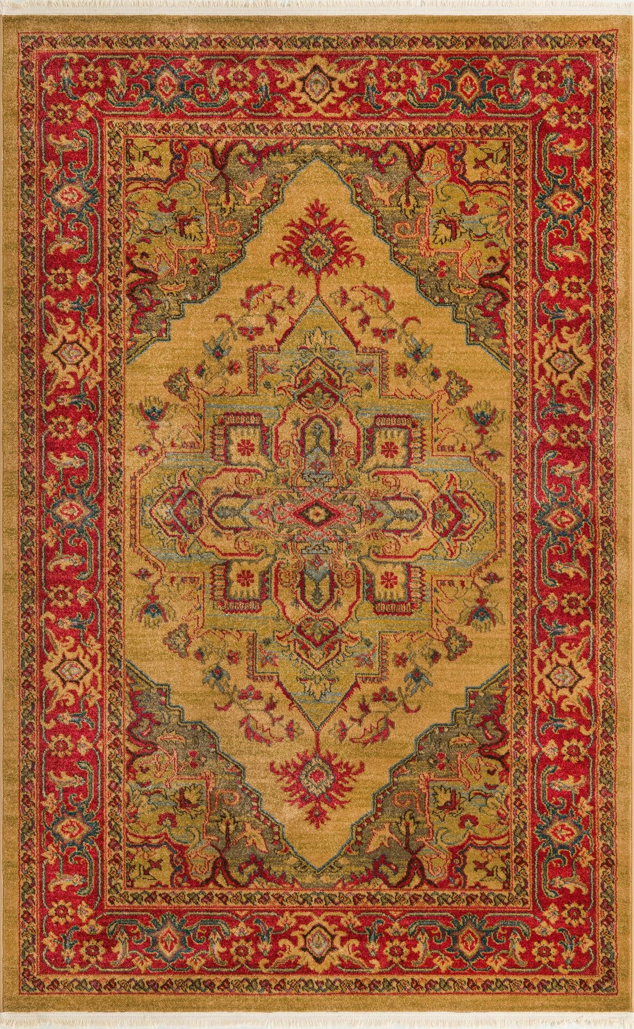 A 5x8 rectangular Sara Collection rug featuring a traditional medallion and botanical pattern in shades of brown, red, and cream.