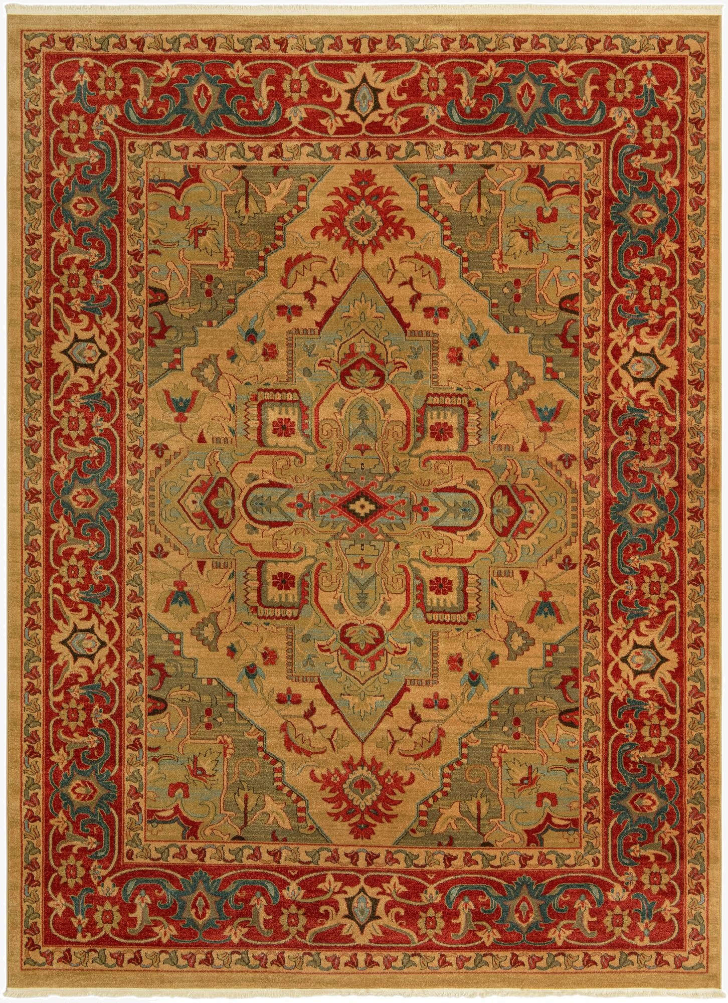 A 9x12 rectangular Sara collection rug featuring a traditional French medallion pattern in shades of brown, red, and teal.