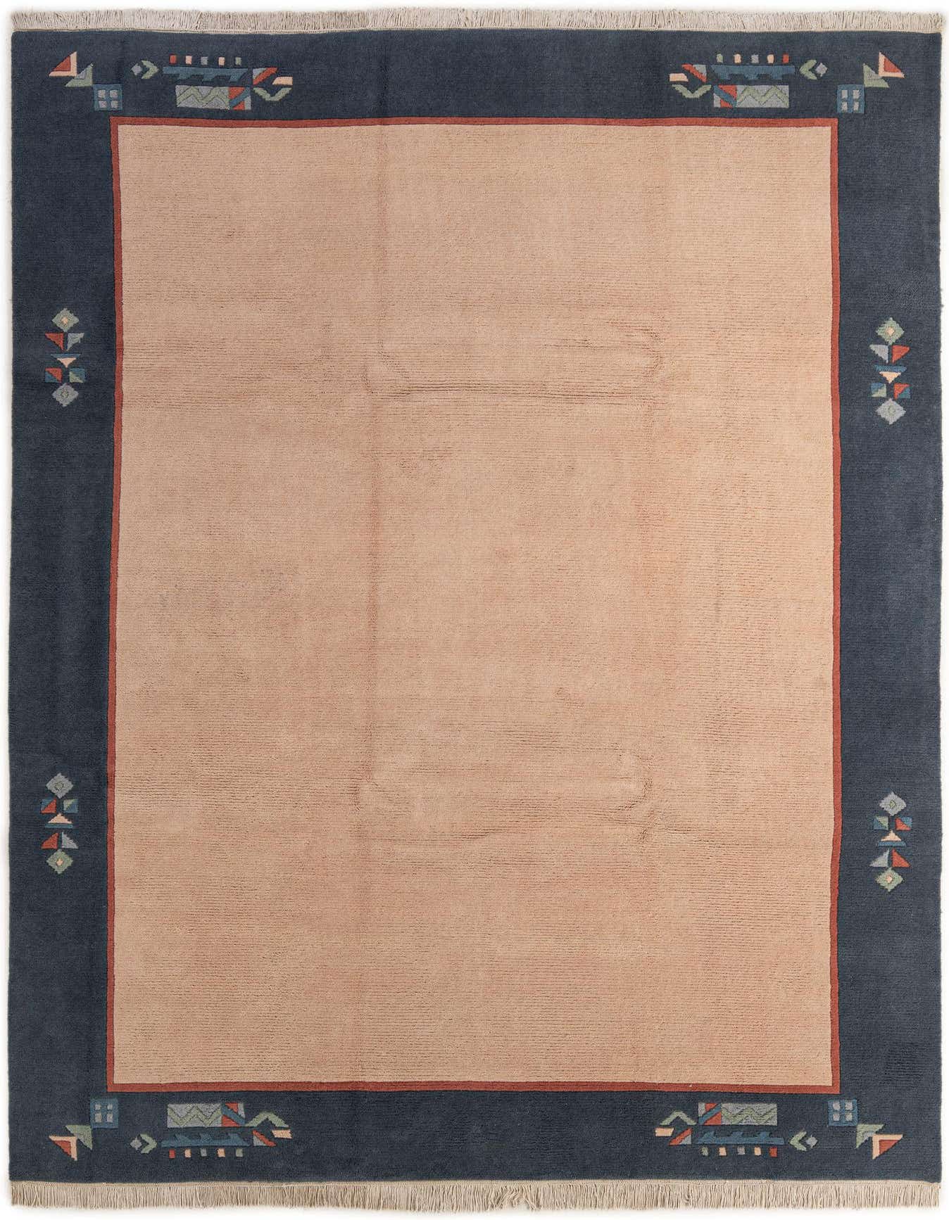 A rectangular 8x11 handmade wool rug featuring a plain tan/brown center with a dark blue border and colorful geometric Oriental patterns.