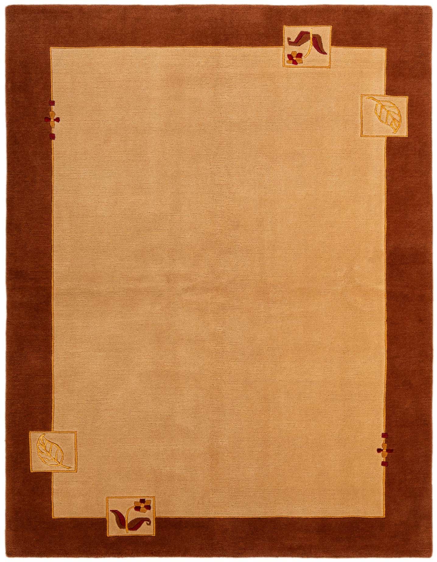 A 5x8 rectangular brown and tan wool and silk rug with a modern oriental border design, perfect for a living room.