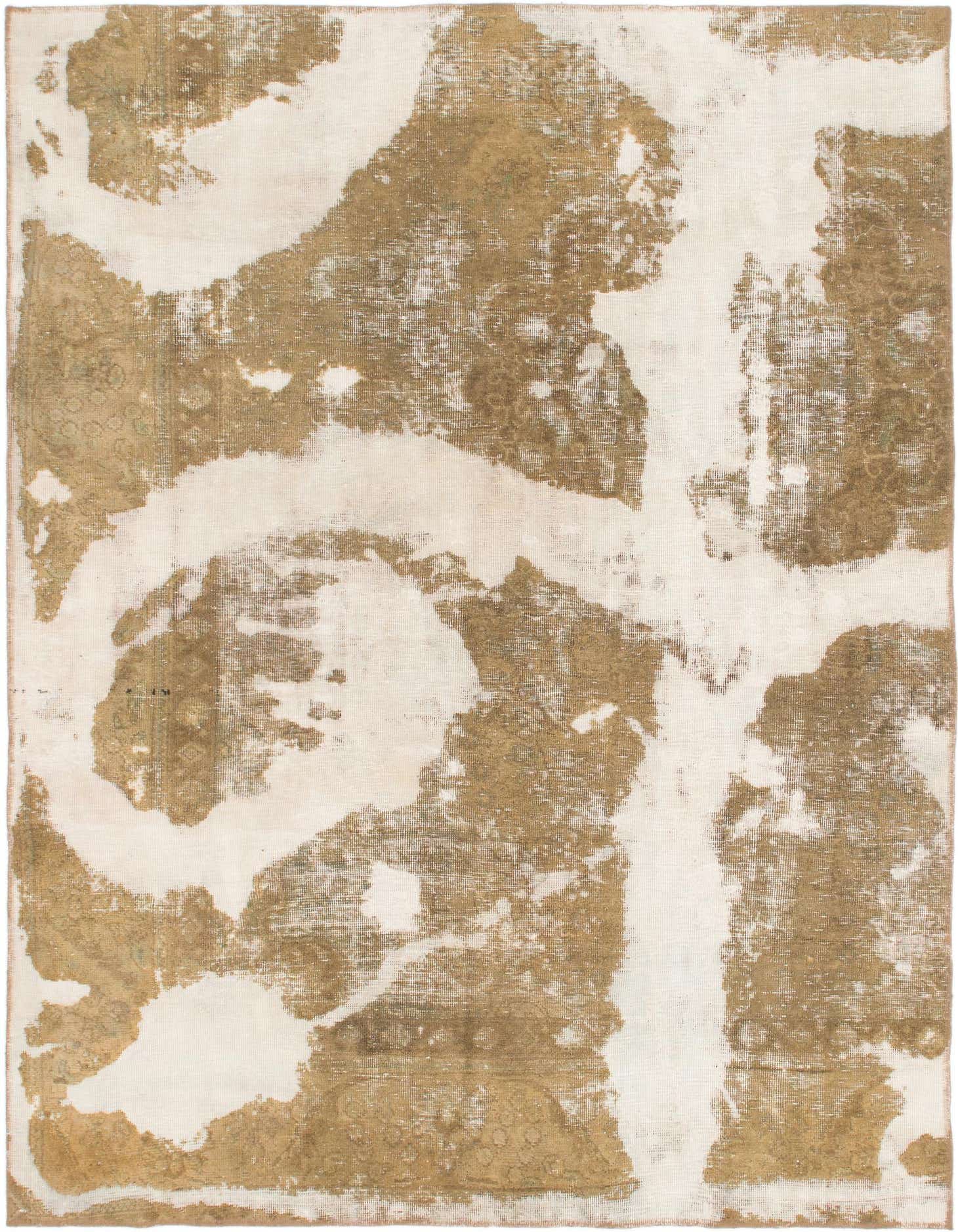 A 6x9 rectangular wool rug featuring an abstract, distressed pattern in shades of brown and cream.