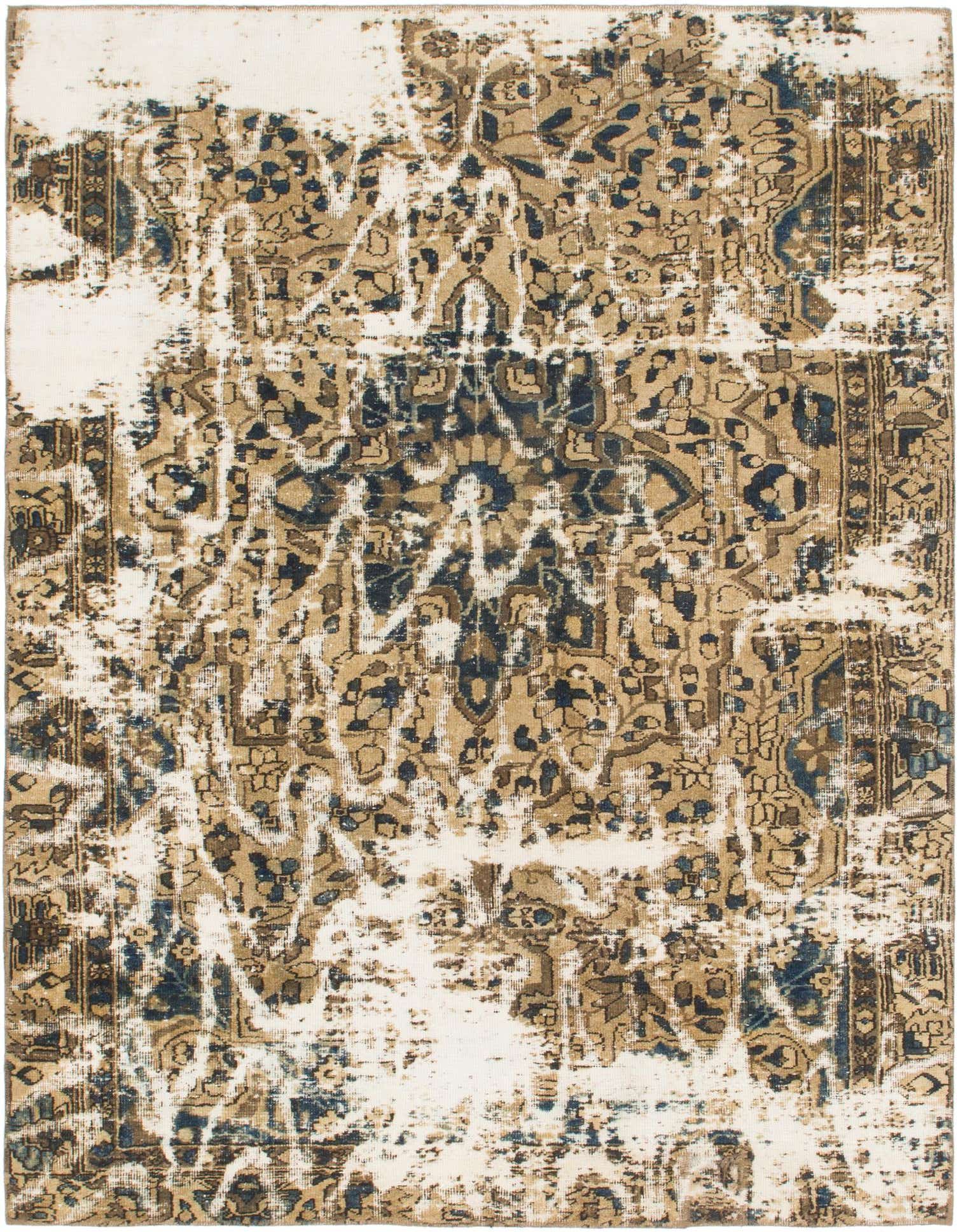 A 6x9 rectangular Ultra Vintage wool rug with a distressed Persian pattern in brown, tan, ivory, and cream.