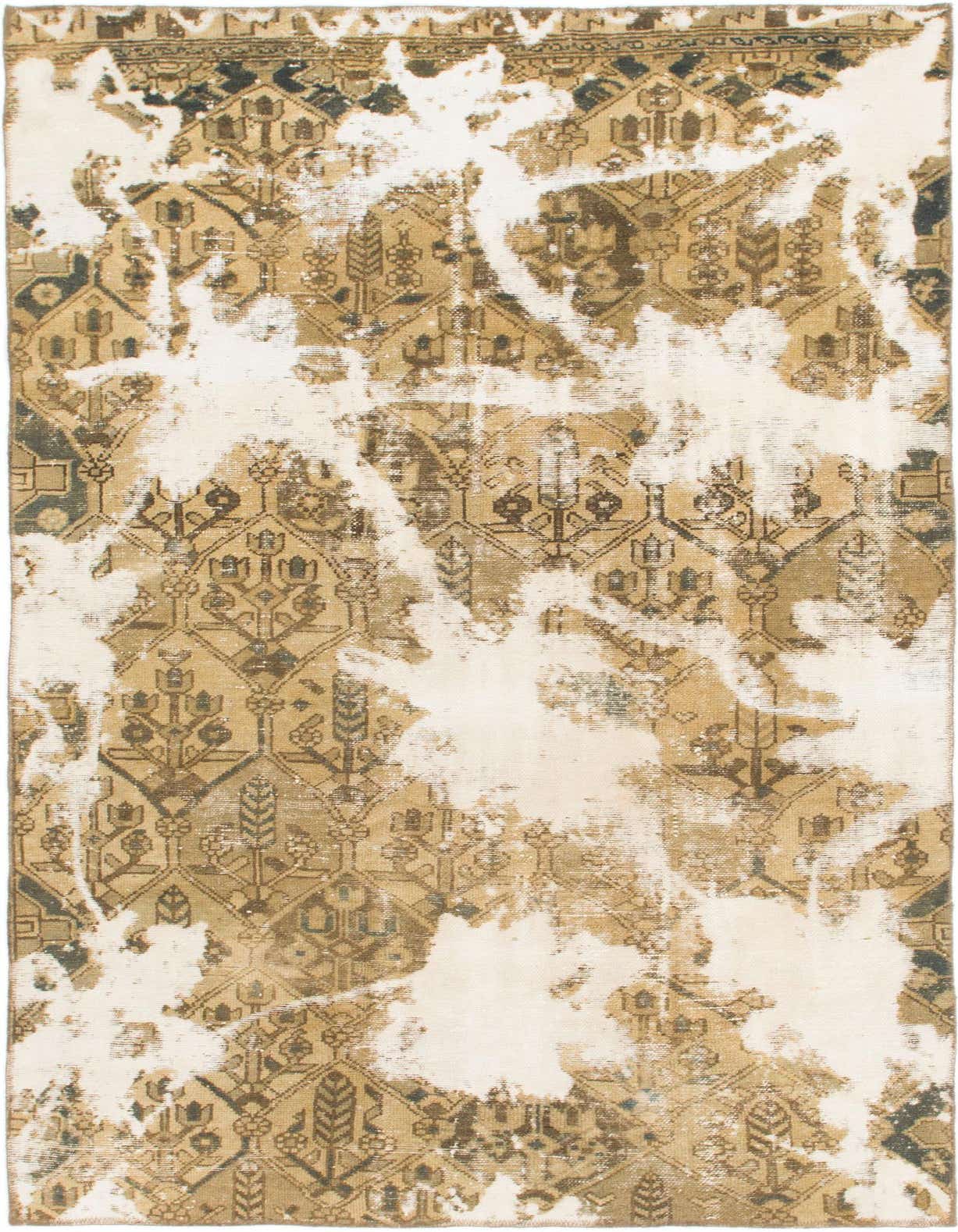 A 5x8 rectangular Ultra Vintage wool rug featuring a distressed Persian pattern in brown, tan, and cream tones, suitable for a living room.