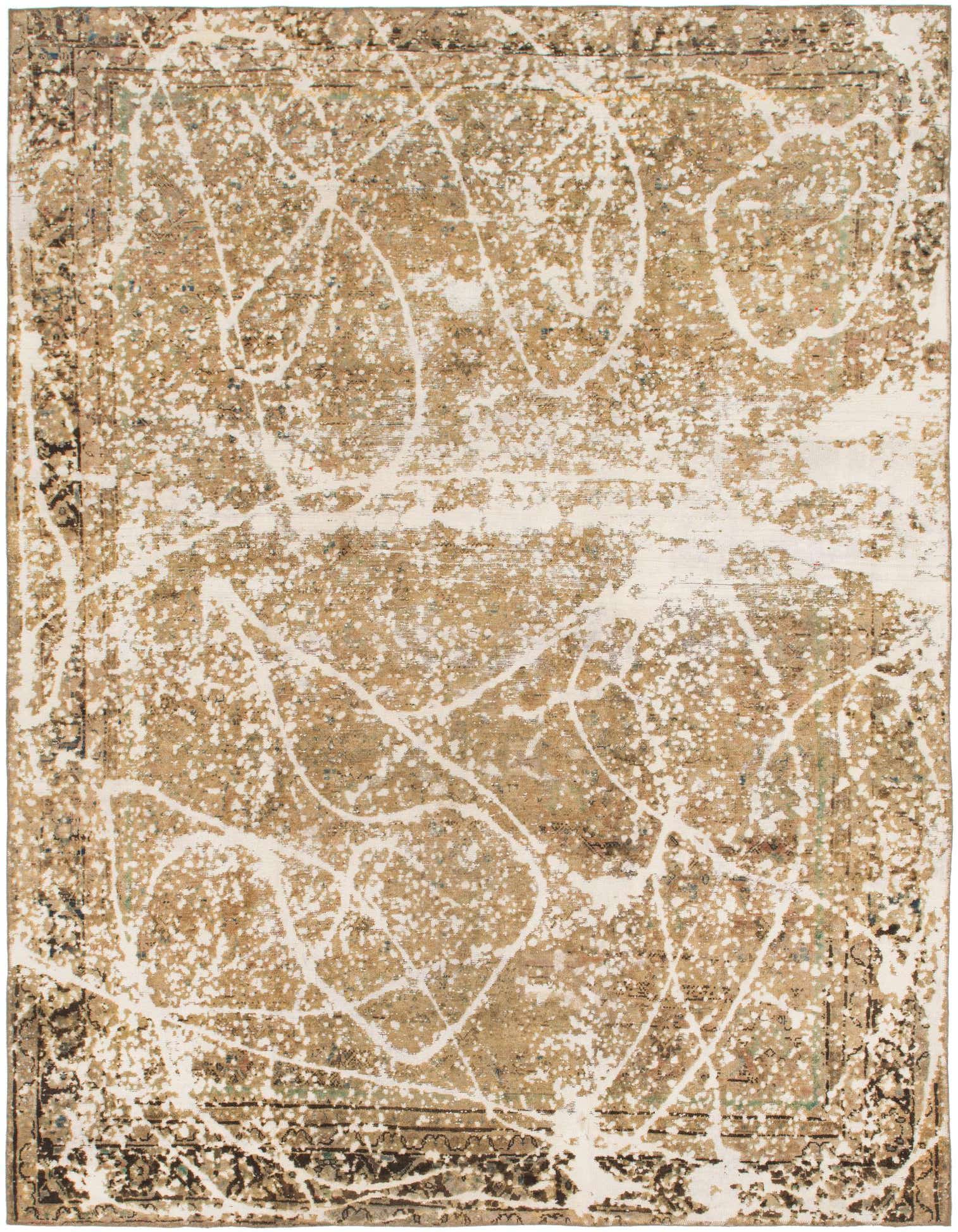A 9x12 rectangular Ultra Vintage wool rug featuring an abstract cream pattern over a distressed brown and tan Persian-style base.