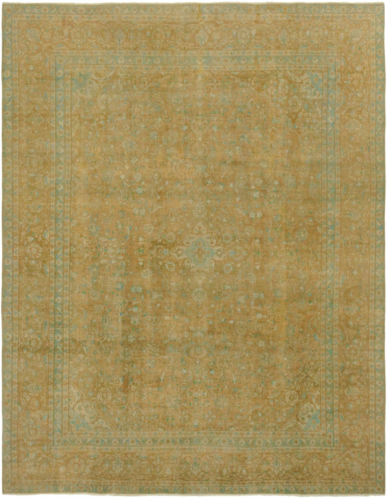 A large 9x12 rectangular Ultra Vintage wool rug with a distressed brown and ivory Persian floral pattern.