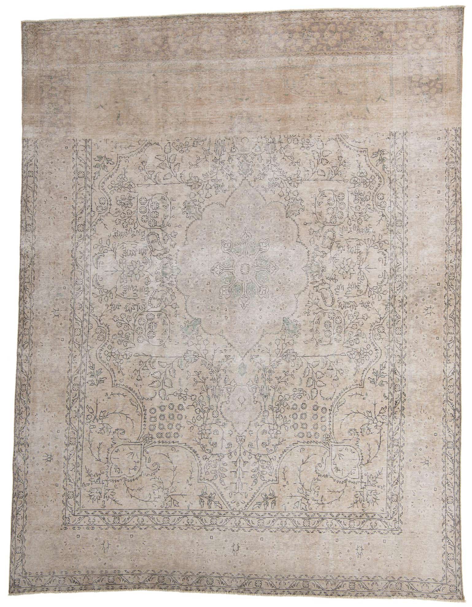 A large 10x13 rectangular Ultra Vintage wool rug in shades of brown and tan, featuring a faded Persian medallion and floral pattern.