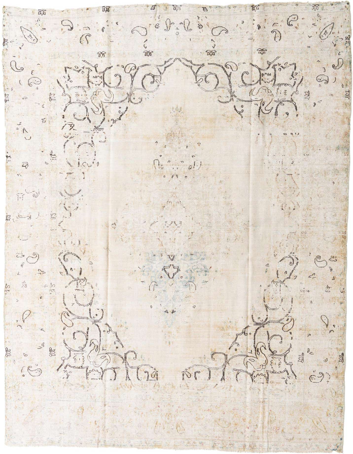 A 9x12 rectangular Ultra Vintage wool rug in cream and brown with a faded Persian medallion pattern.