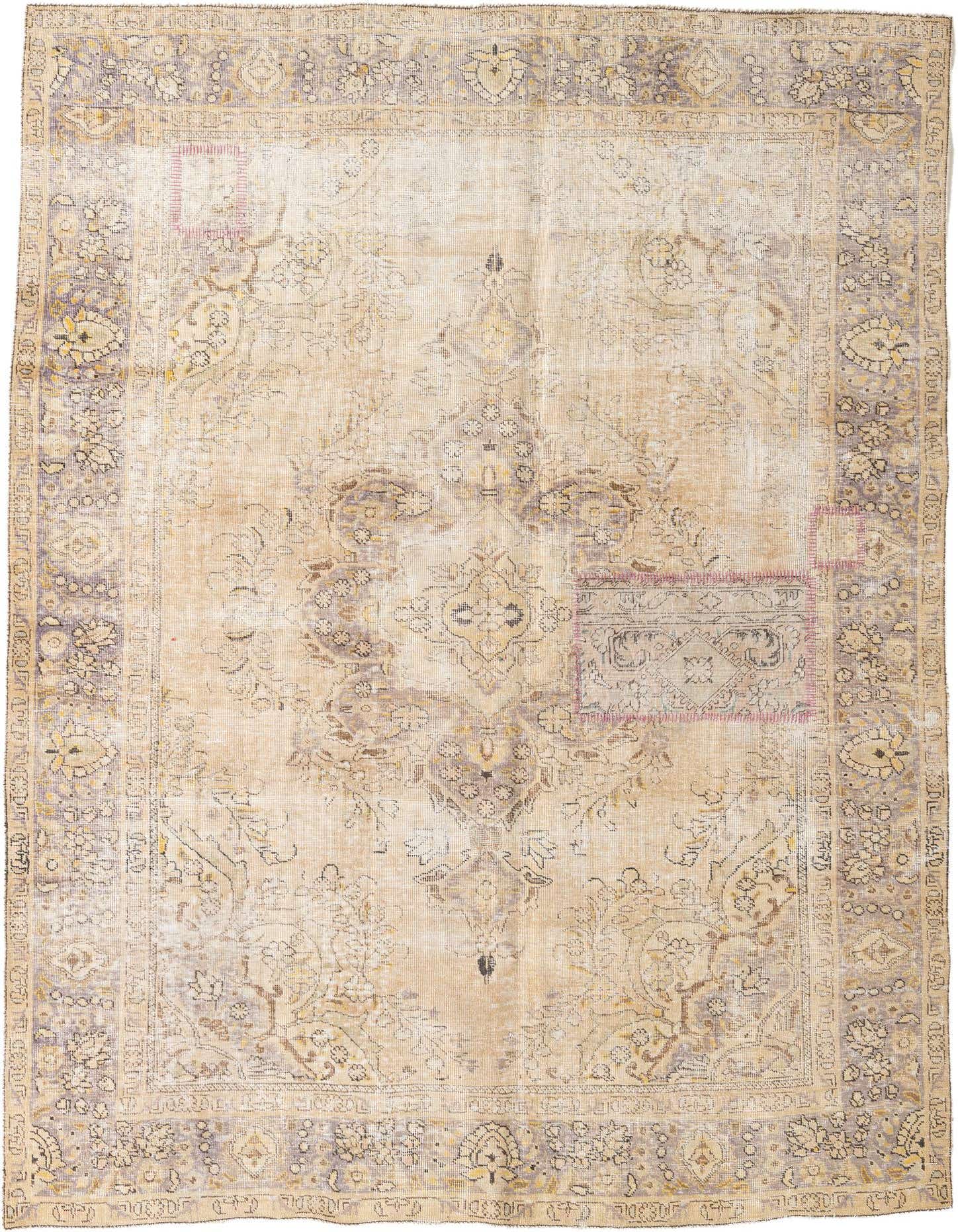 A 7x10 rectangular Ultra Vintage Persian wool rug in shades of brown, tan, and cream, featuring a faded medallion pattern.