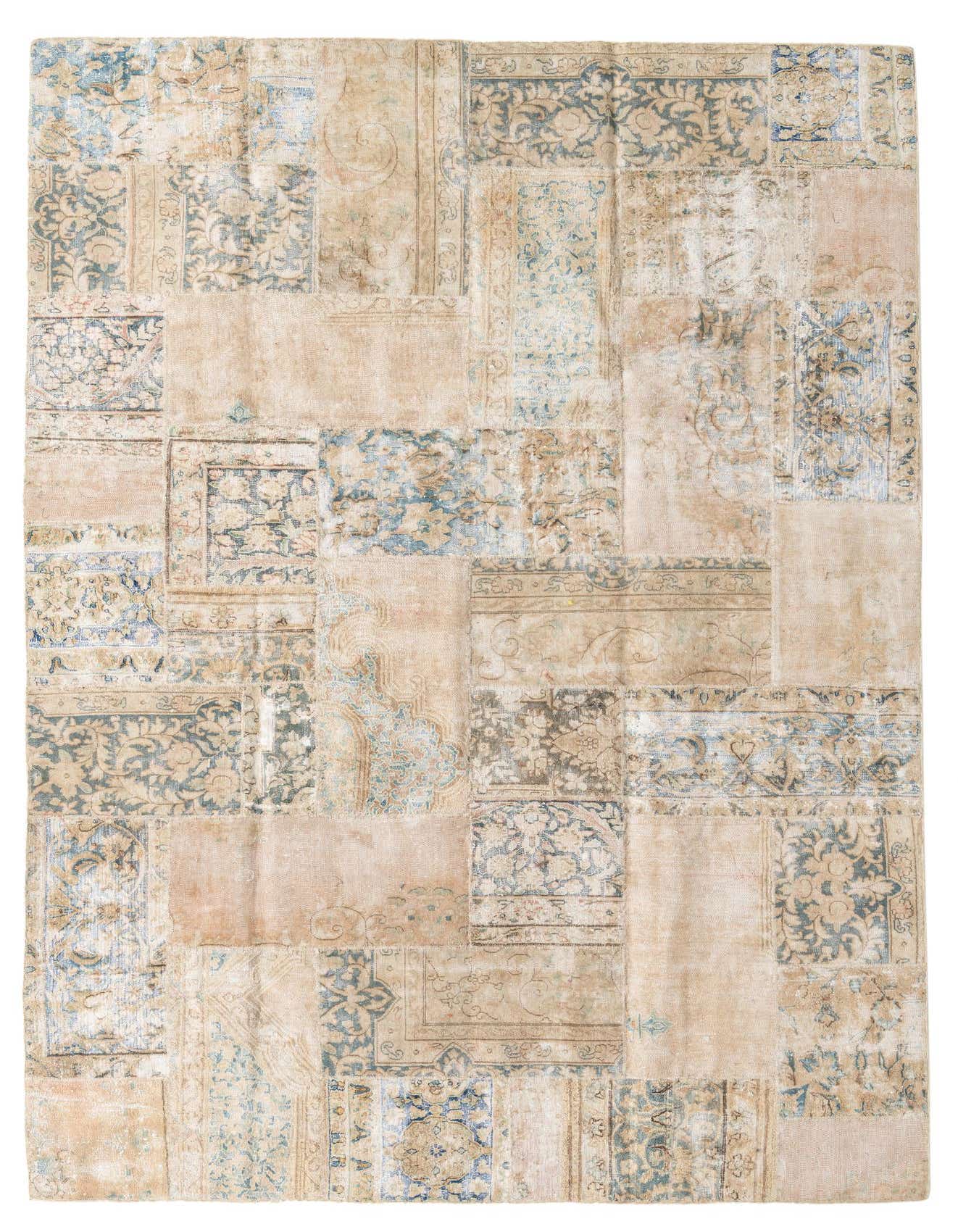 A 7x10 rectangular Ultra Vintage rug featuring a patchwork of faded brown, tan, and cream Persian and abstract patterns with hints of blue.