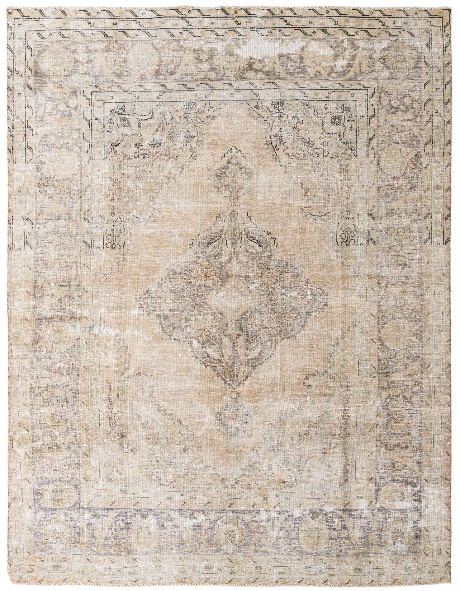 An 8x11 rectangular Ultra Vintage wool rug in browns/tans and ivories/creams, featuring a distressed Persian medallion and border pattern.