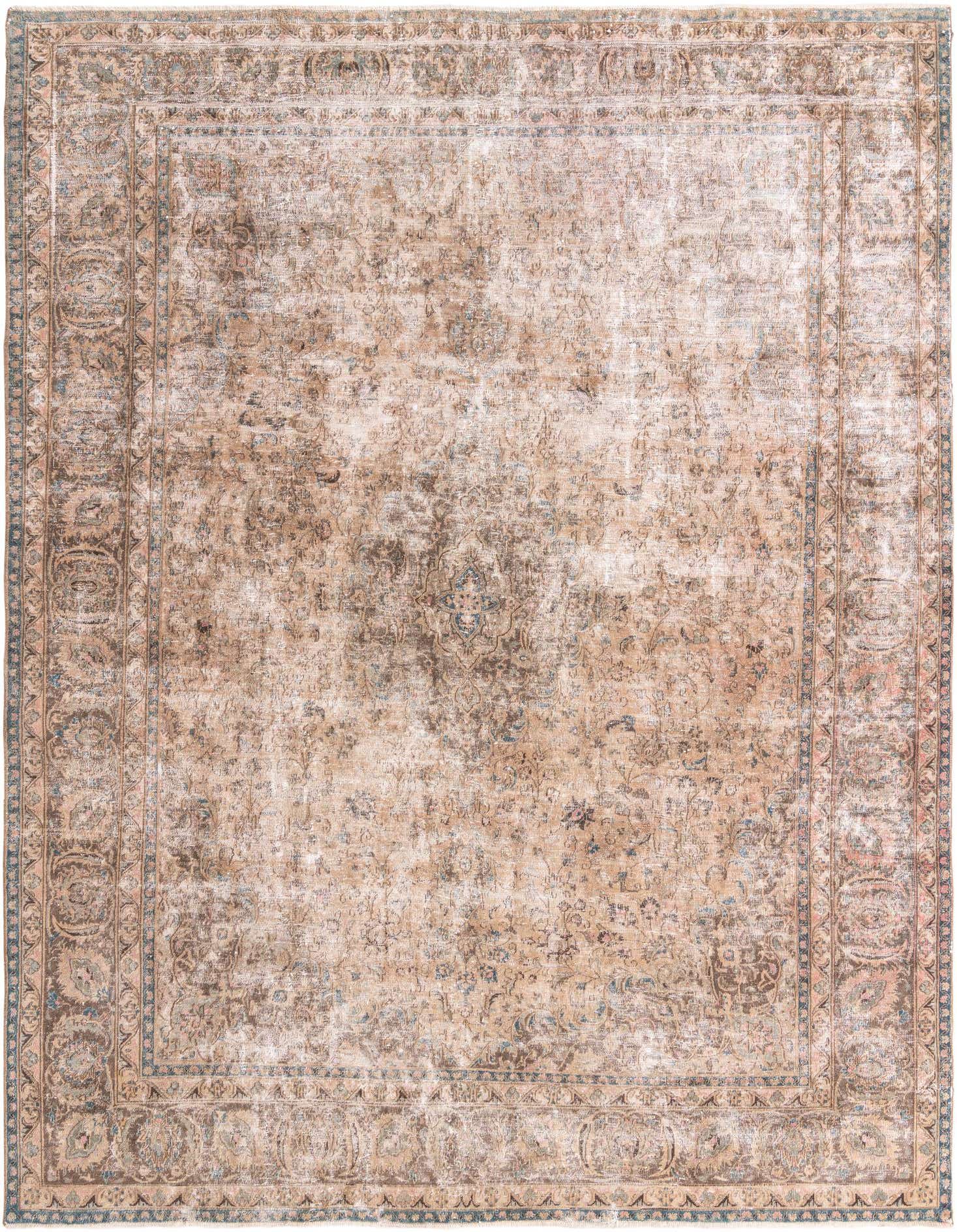 A 10x13 rectangular Ultra Vintage wool rug featuring a distressed Persian medallion pattern in browns, tans, and ivories.
