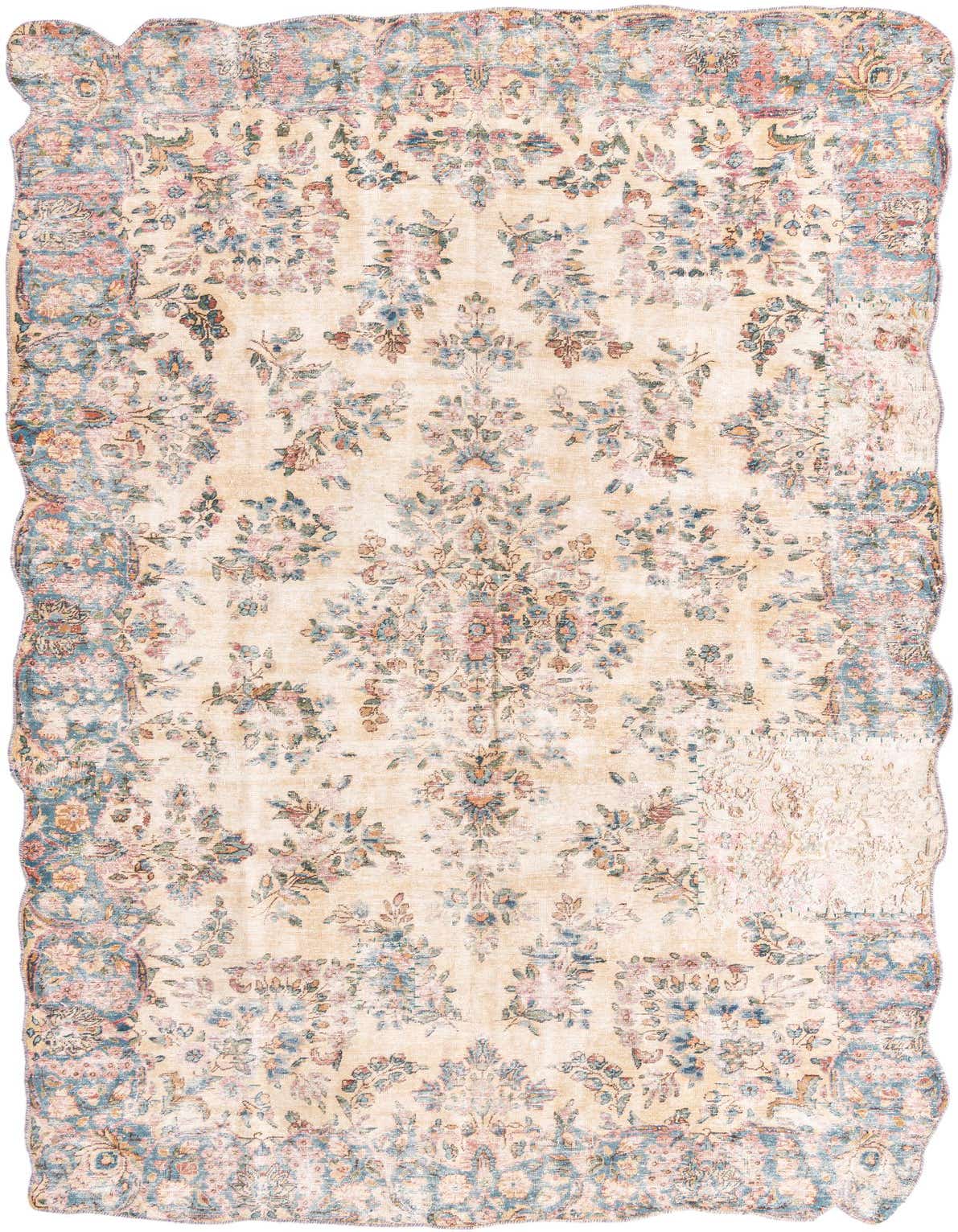 A 7x10 rectangular Ultra Vintage wool rug in browns, tans, and creams with a faded Persian floral medallion pattern.
