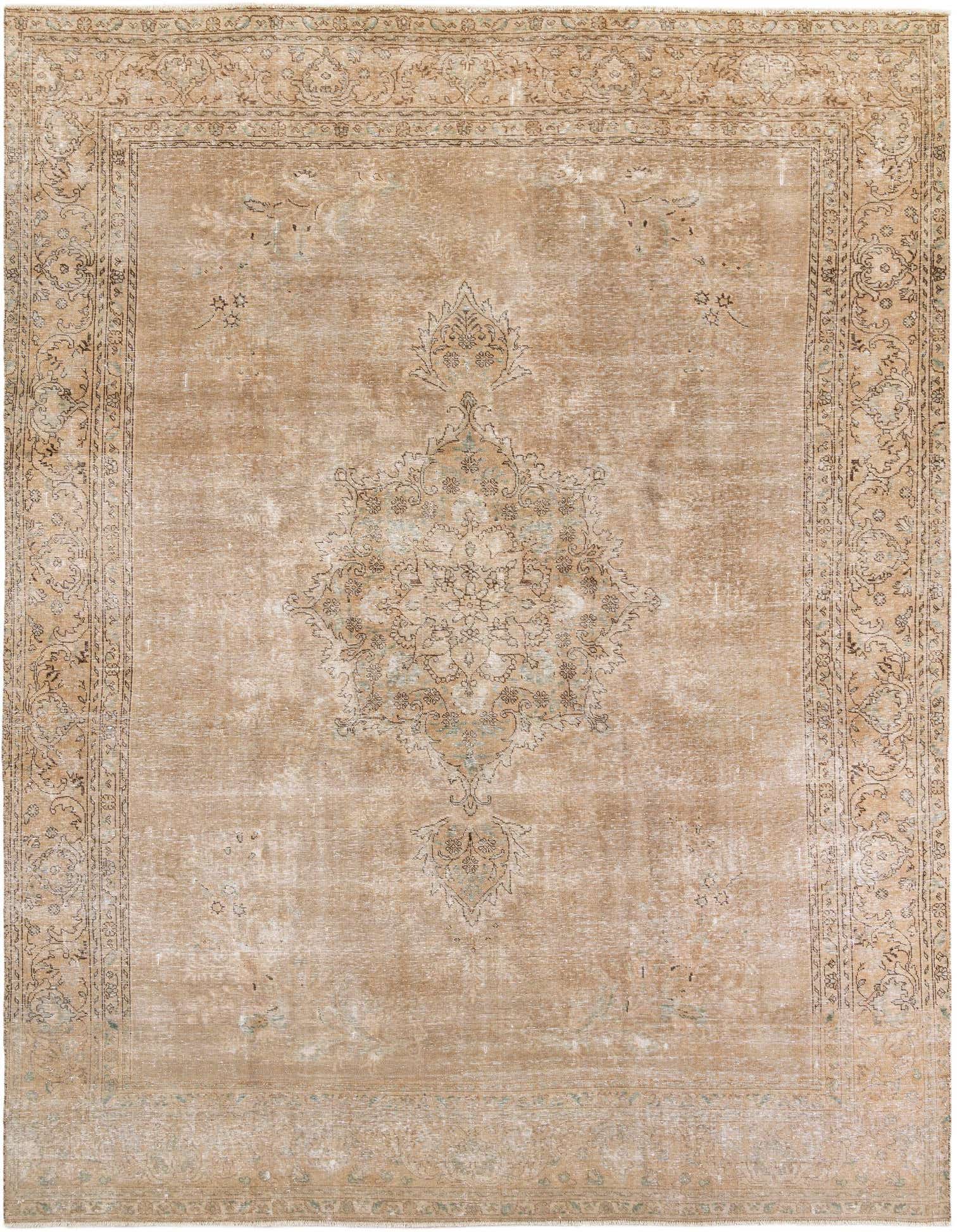 A 10x13 rectangular indoor rug featuring a faded brown and ivory Persian medallion design with intricate floral borders.