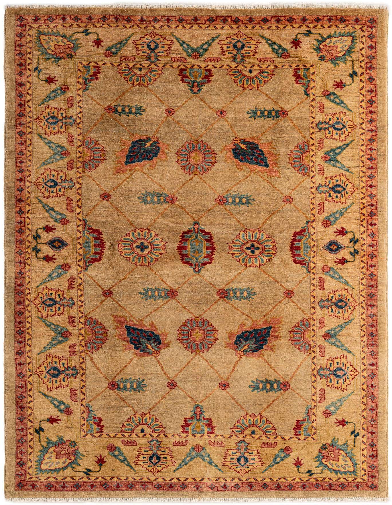 A 5x7 rectangular Ziegler rug with a tan and brown field, featuring a traditional Oriental pattern in red, blue, and cream.