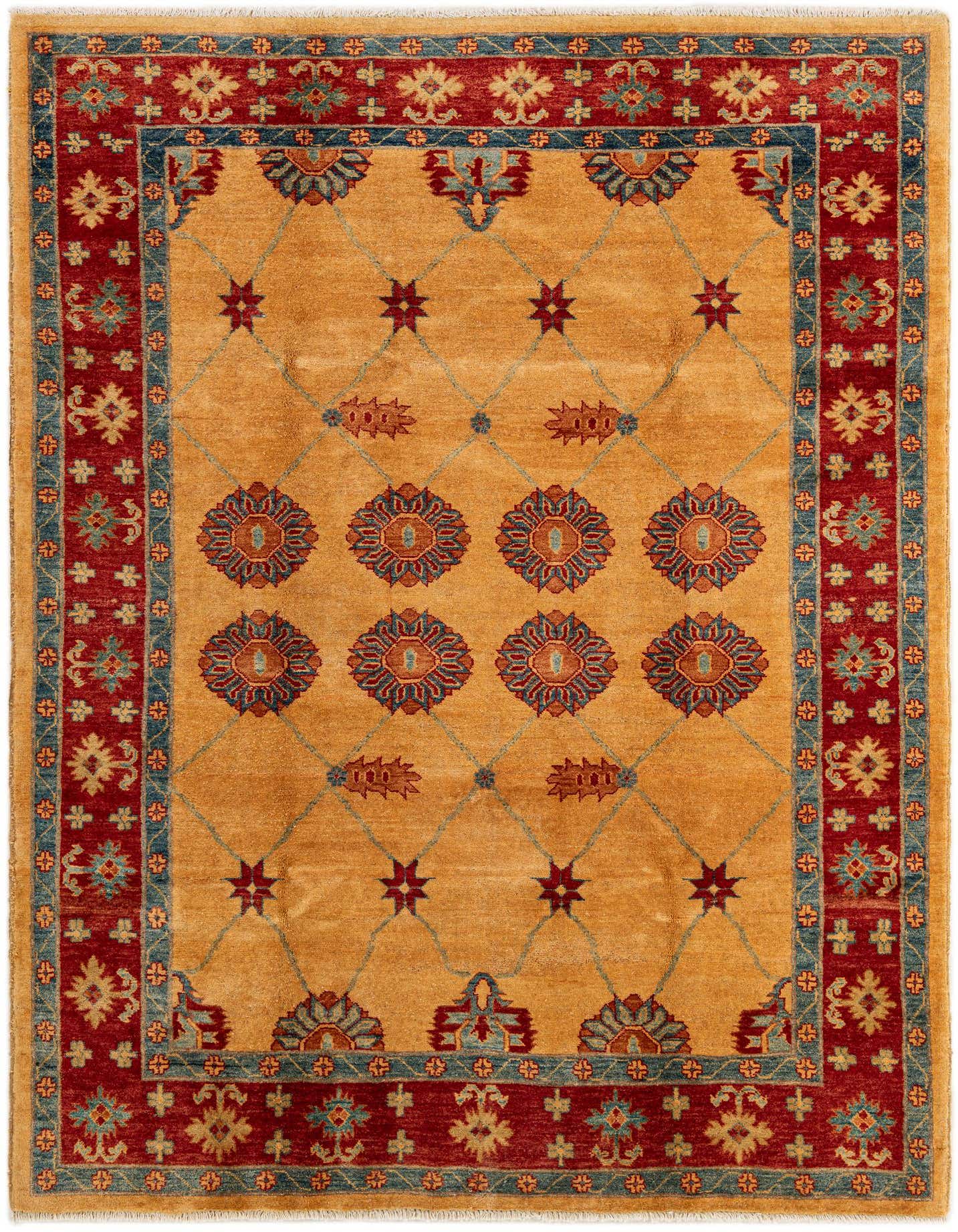 A 5x8 rectangular Ziegler rug featuring a golden-tan field with geometric medallions and a rich red border with intricate patterns, perfect for a living room.