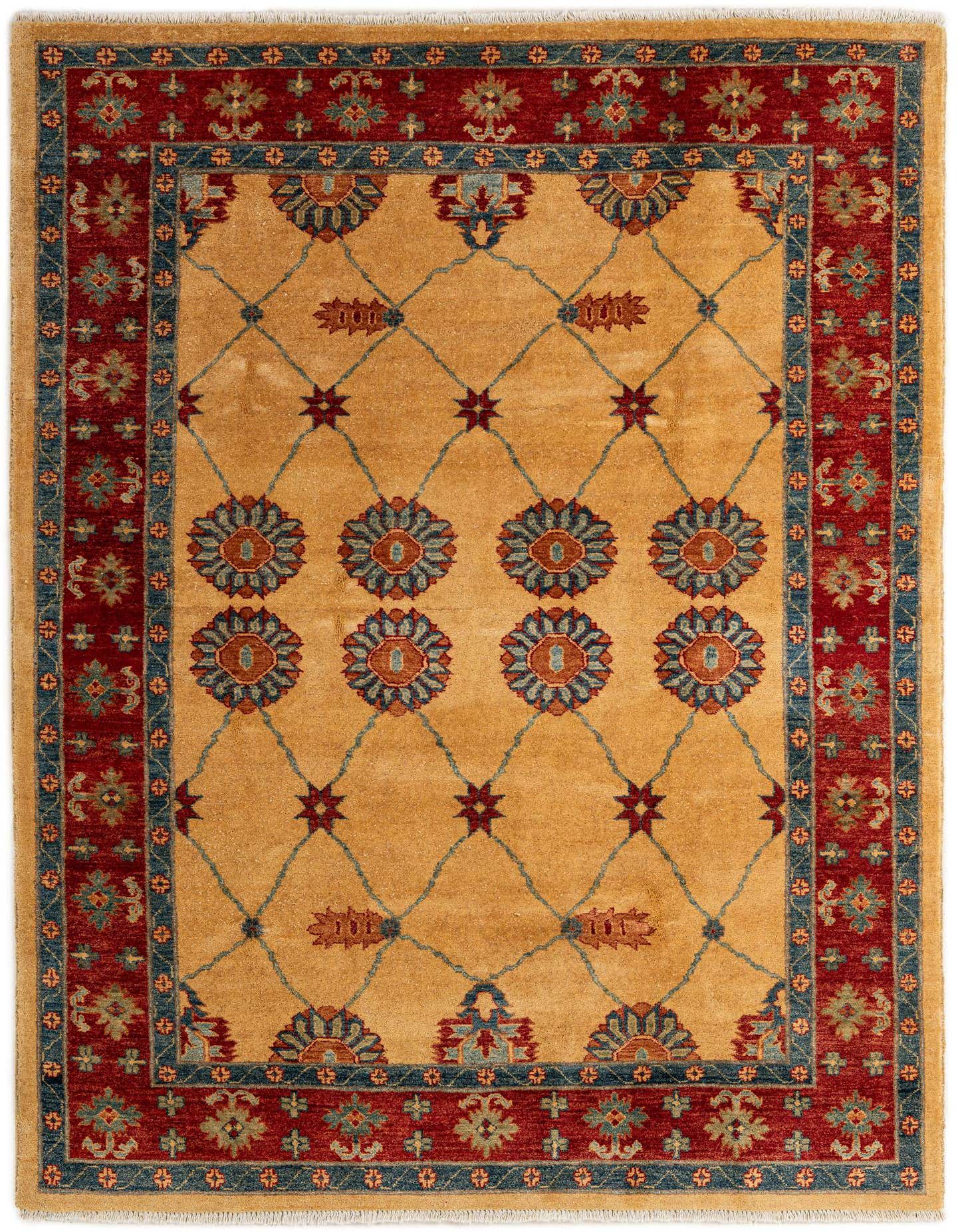 A 5x8 rectangular Ziegler rug featuring a tan and gold field with a red and blue floral border, ideal for a living room.