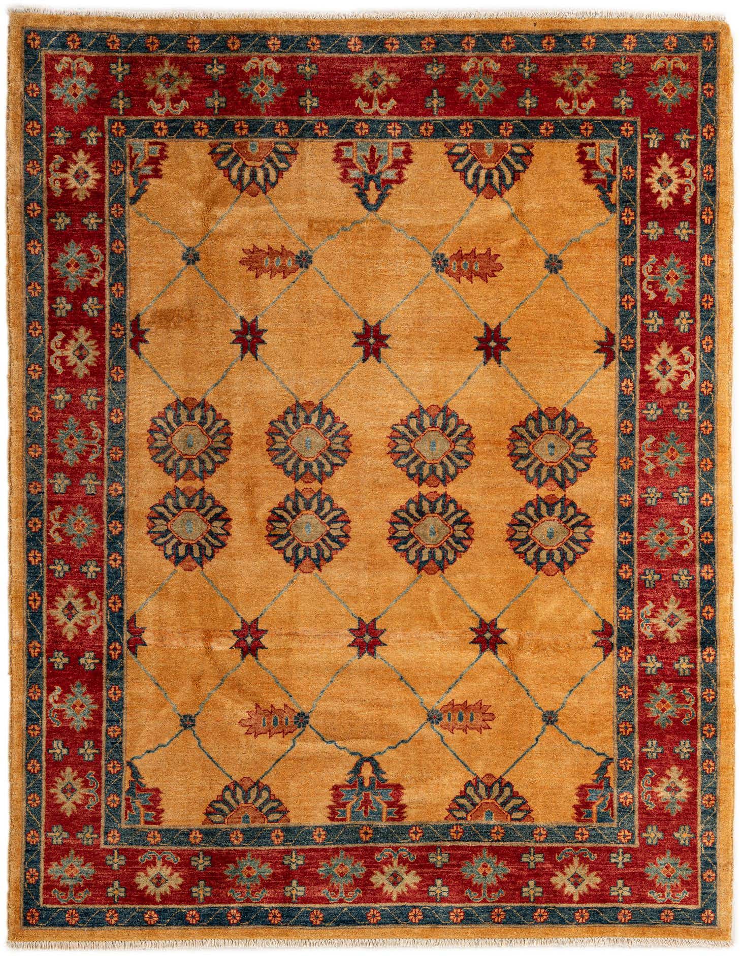 A 5x7 rectangular Ziegler rug featuring a golden-brown field with a diamond lattice pattern and floral medallions, framed by a rich red border with intricate traditional motifs.