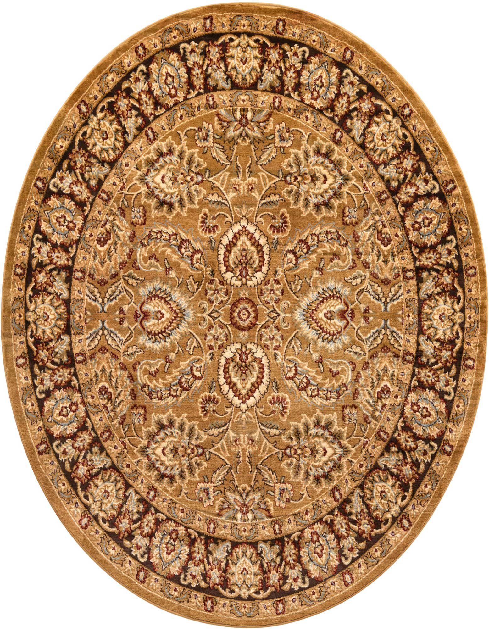 A round 7' 10" x 7' 10" Aditi rug featuring a traditional floral pattern in shades of brown, tan, and ivory.