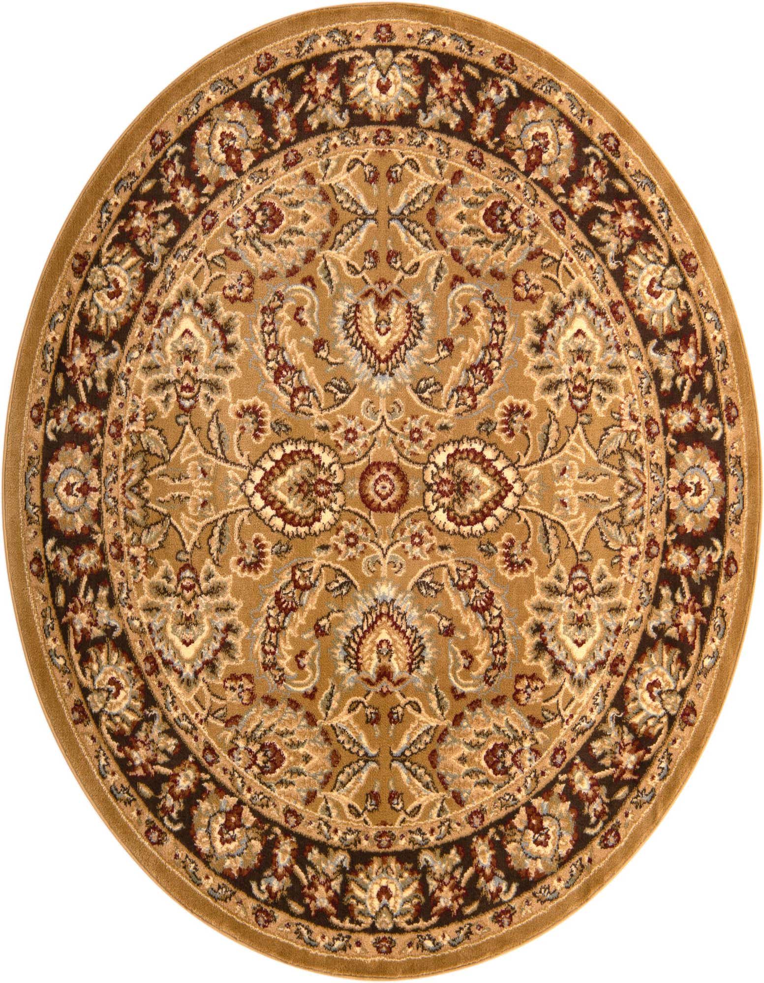 A 6' 0 round Aditi rug in traditional botanical pattern with shades of brown, tan, and ivory.