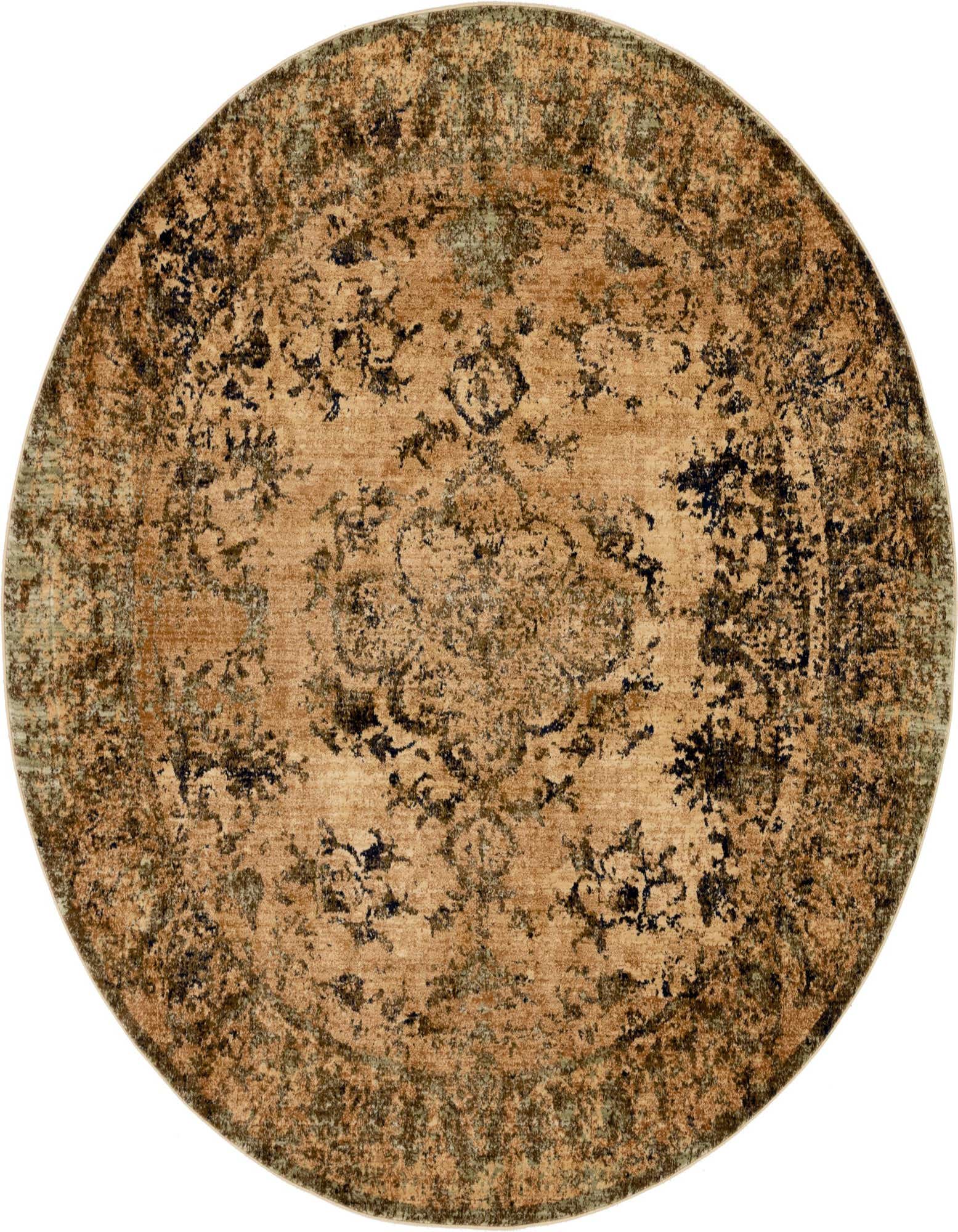 A round 8' brown and tan polypropylene rug with a distressed traditional medallion pattern, ideal for indoor spaces.