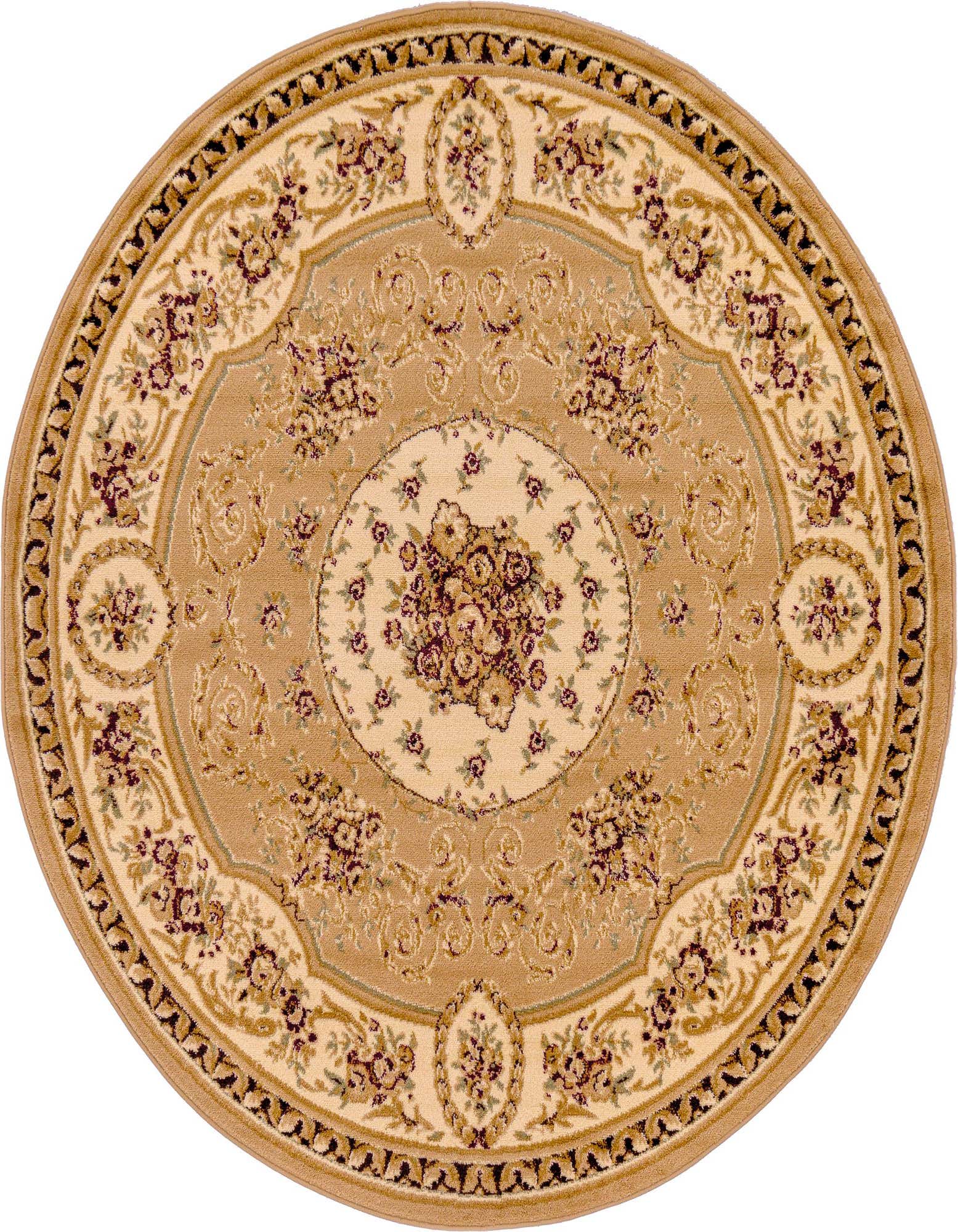 A round, traditional Chateau rug by Rugs.com with a medallion pattern in browns, tans, and ivories.
