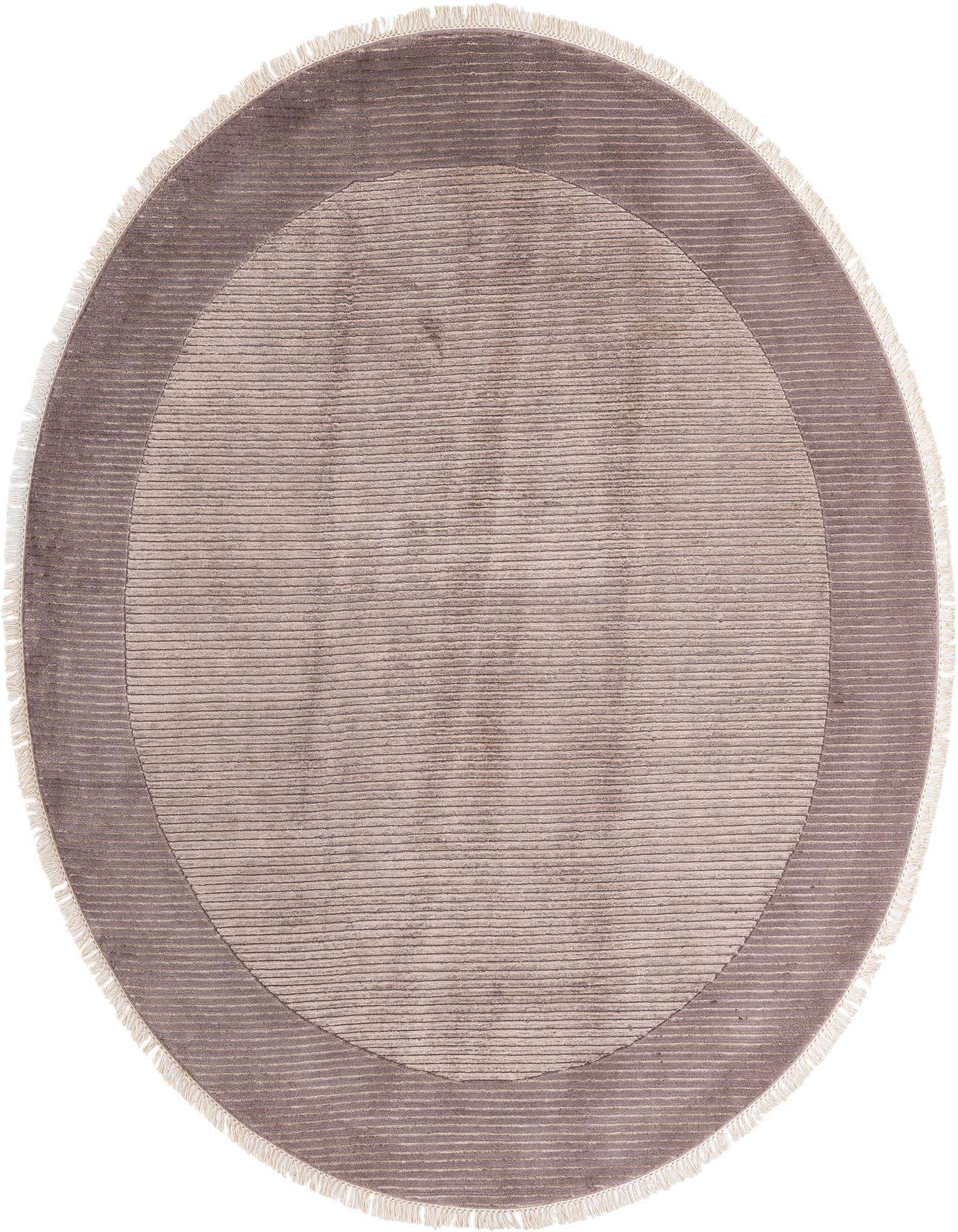 A round 6' 8 x 6' 8 Darya rug in shades of brown and tan, featuring a modern oriental pattern with a fringed edge.