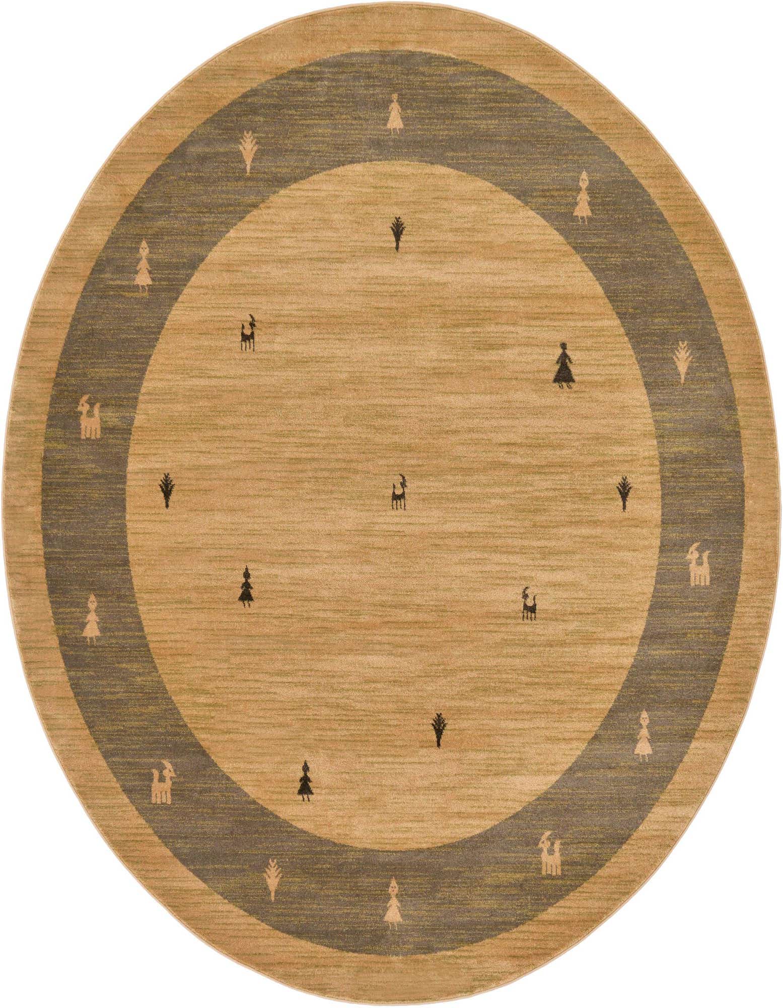A round brown and tan rug with a tribal botanical pattern, featuring deer and tree motifs, suitable for an indoor living space.