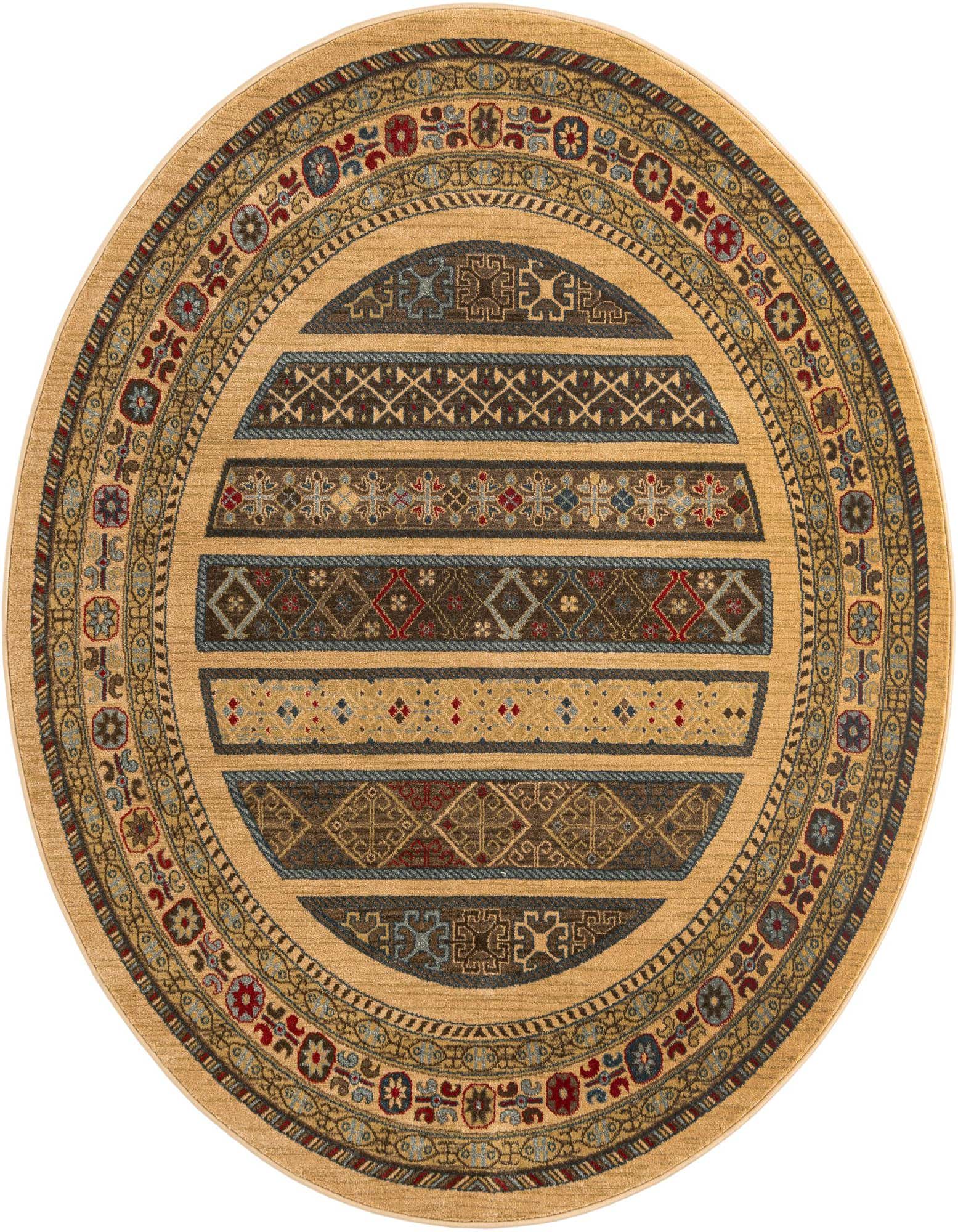 A 6' round Kashkuli Gabbeh rug featuring a tribal stripe pattern in browns, tans, and creams with red and blue accents.