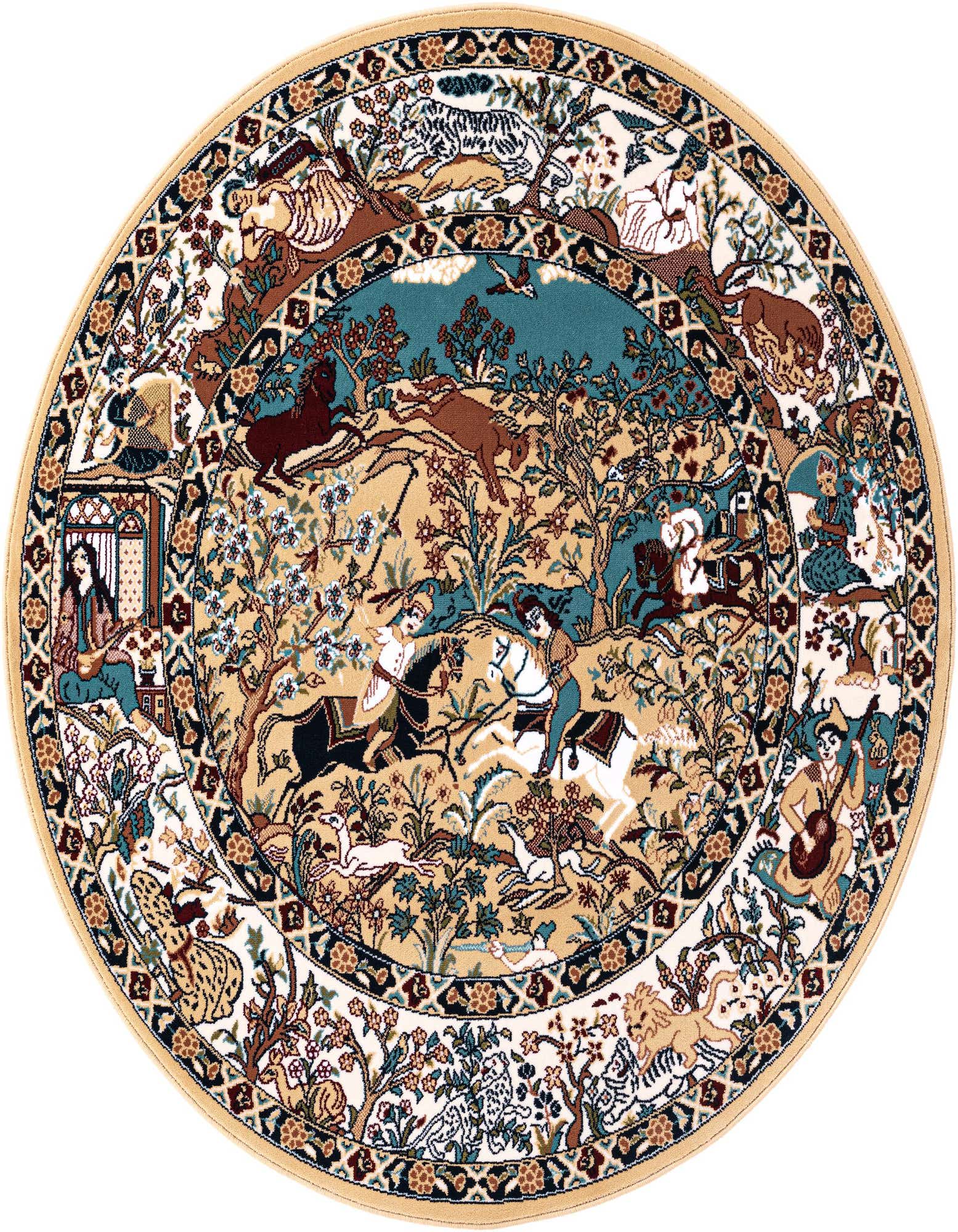 A 5' 3 round traditional rug with a detailed botanical and hunting scene in browns, tans, and ivories.