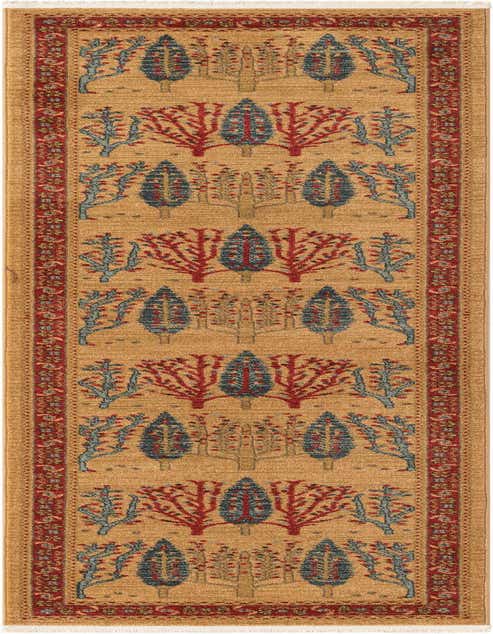 A 10 ft runner rug featuring a botanical tree pattern in red and blue on a tan background, with a red border.