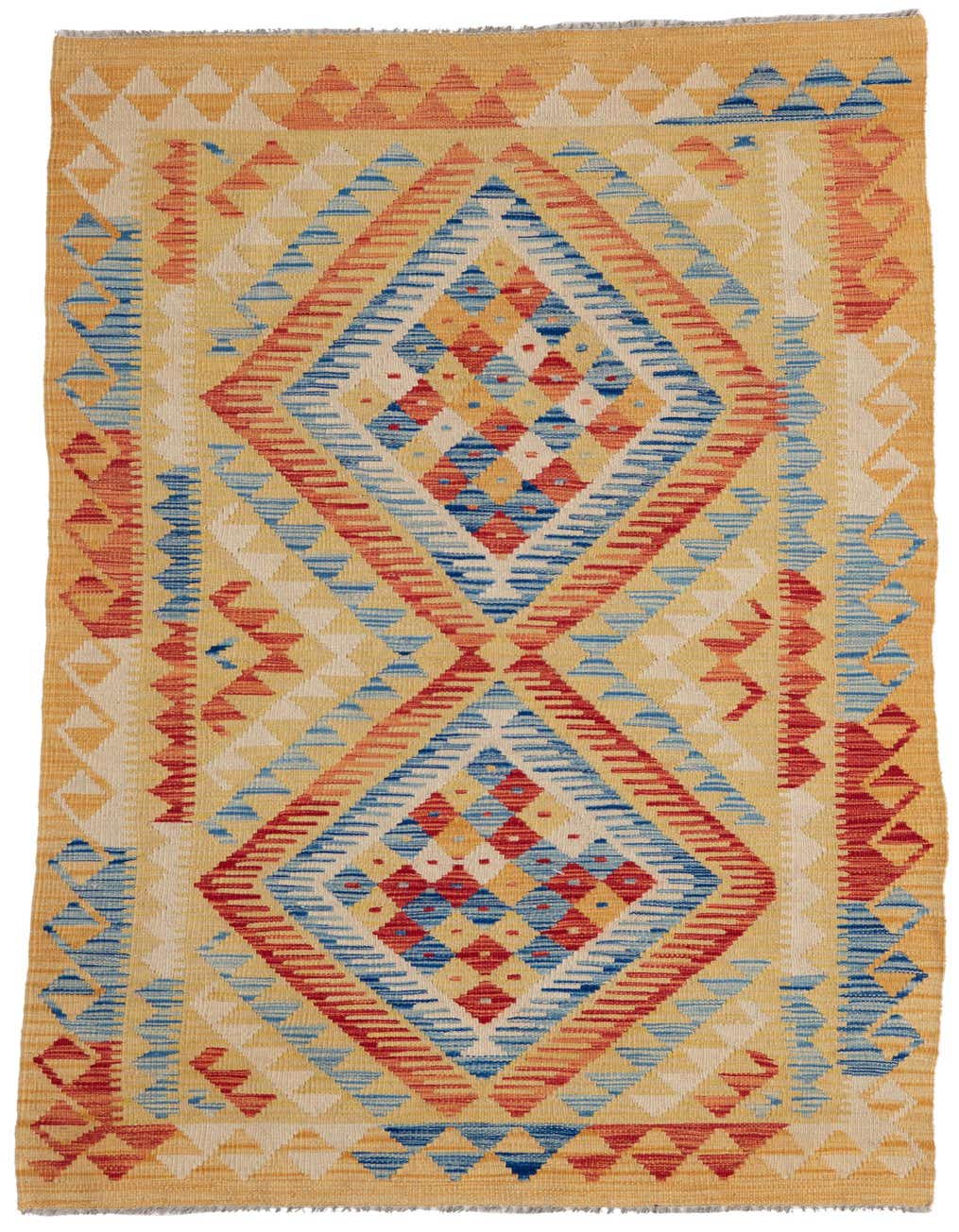 A 7 ft runner rug with a Southwestern tribal pattern in shades of brown, tan, ivory, red, and blue, featuring large diamond motifs.