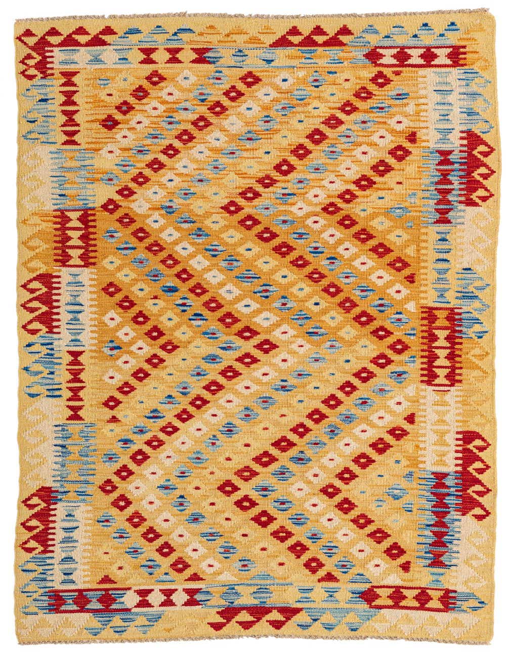 A 7 ft runner rug in a Southwestern tribal pattern, featuring brown, ivory, red, and blue diamond motifs on a flatweave.